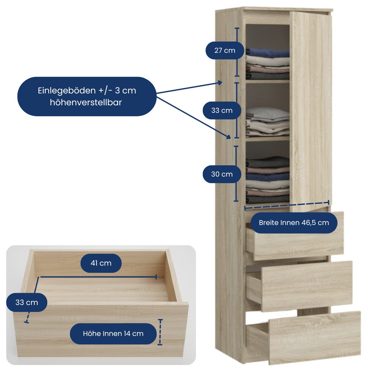 Home Collective Kleiderschrank Garderobenschrank Mehrzweckschrank Schrank platzsparend & vielseitig (50x40x180,5 cm (BxTxH), ideal für Schlafzimmer Flur & Arbeitszimmer) mit 1 Tür 3 Einlegeböden & 3 Schubladen in sonoma