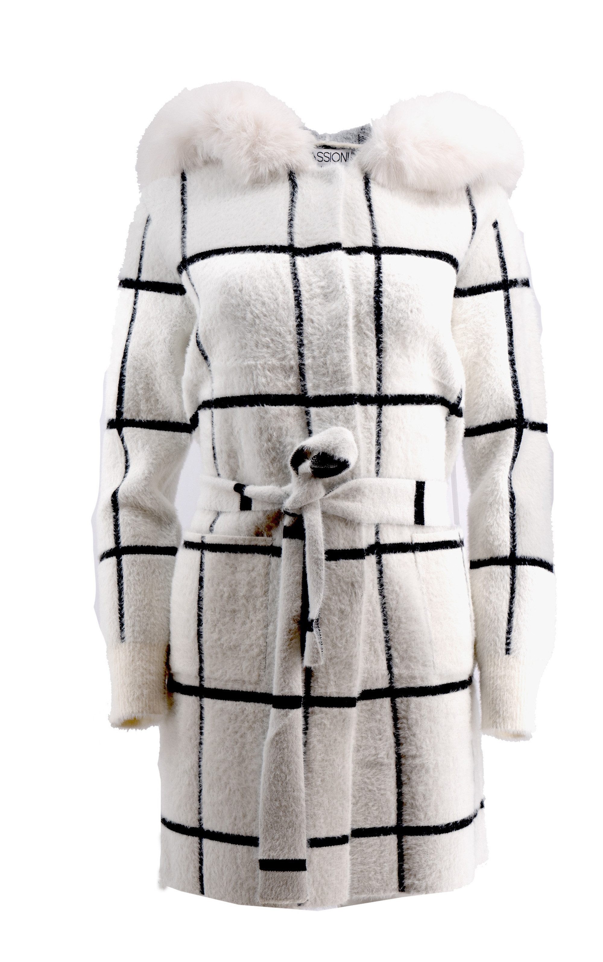 Passioni Strickmantel in Ecru mit Kapuze und Pelzbesatz