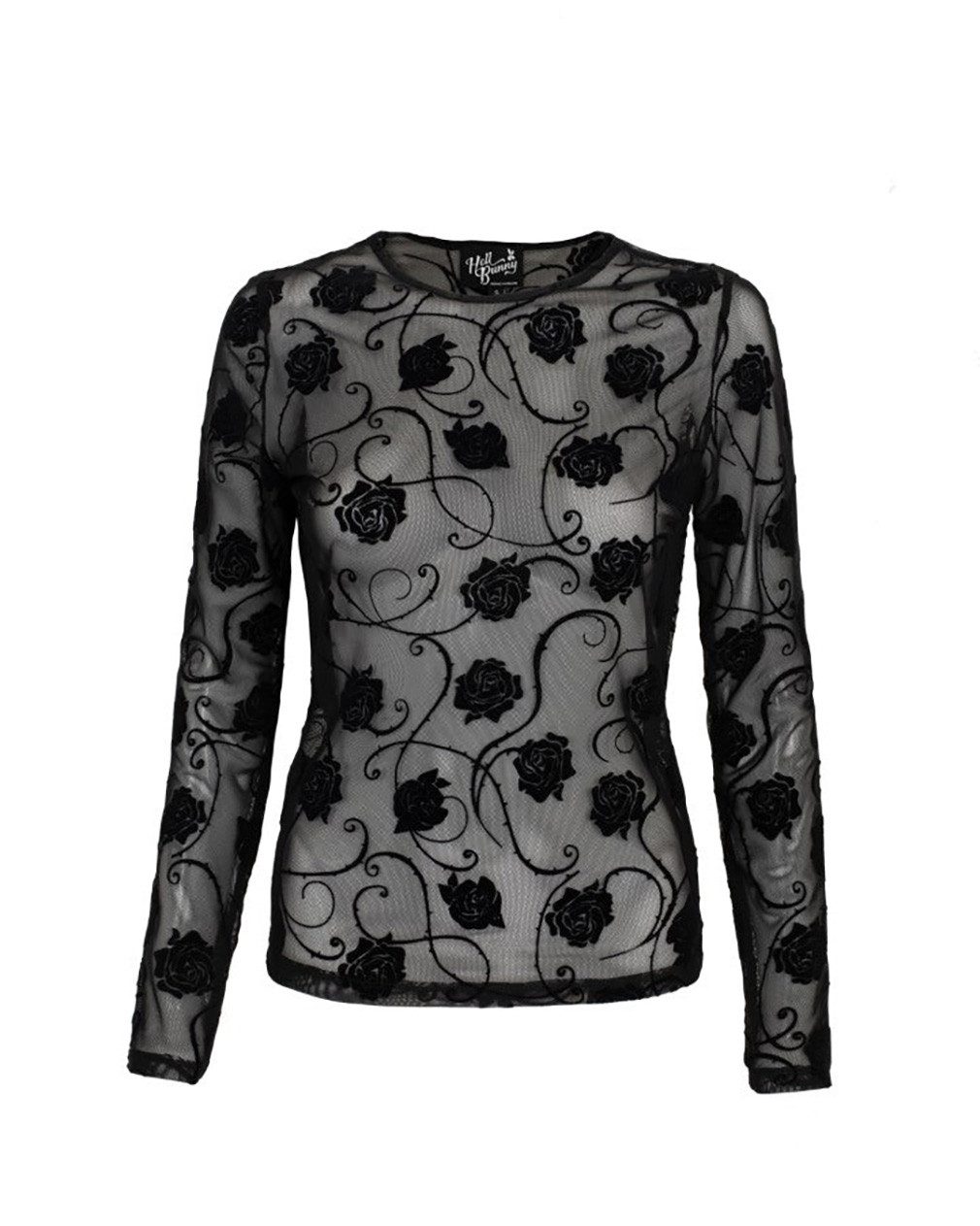 Hell Bunny Mesh-Top Florence Langarm Mesh Netz Spitze Samt Rosen Rose Oberteil