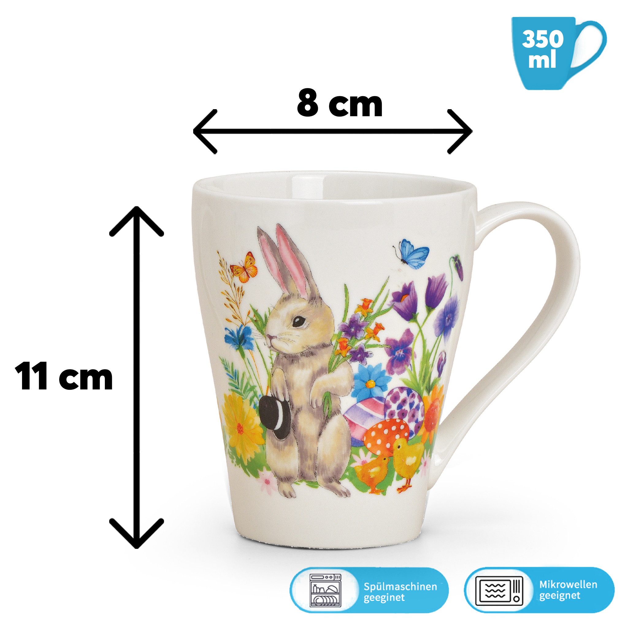 matches21 HOME & HOBBY Tasse Kaffeetassen 2er Set Ostern Frühling Osterhase Blumen, 2-tlg., Porzellan, Tee, Kaffee-Becher, klassisch, weiss bunt, 350 ml