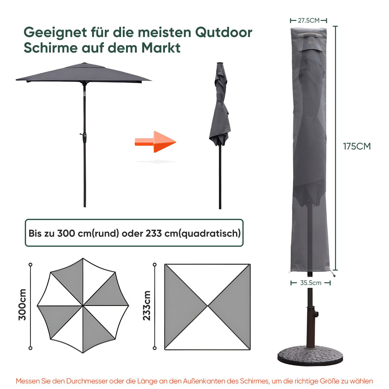 Sekey Sonnenschirm-Schutzhülle für Sonnenschirm bis Ø3m Gartenschirm, XL, mit Stab und Reißverschluss, aus 600D Oxford, UV-Schutz, Wasserabweisend, Leicht zu reinigen