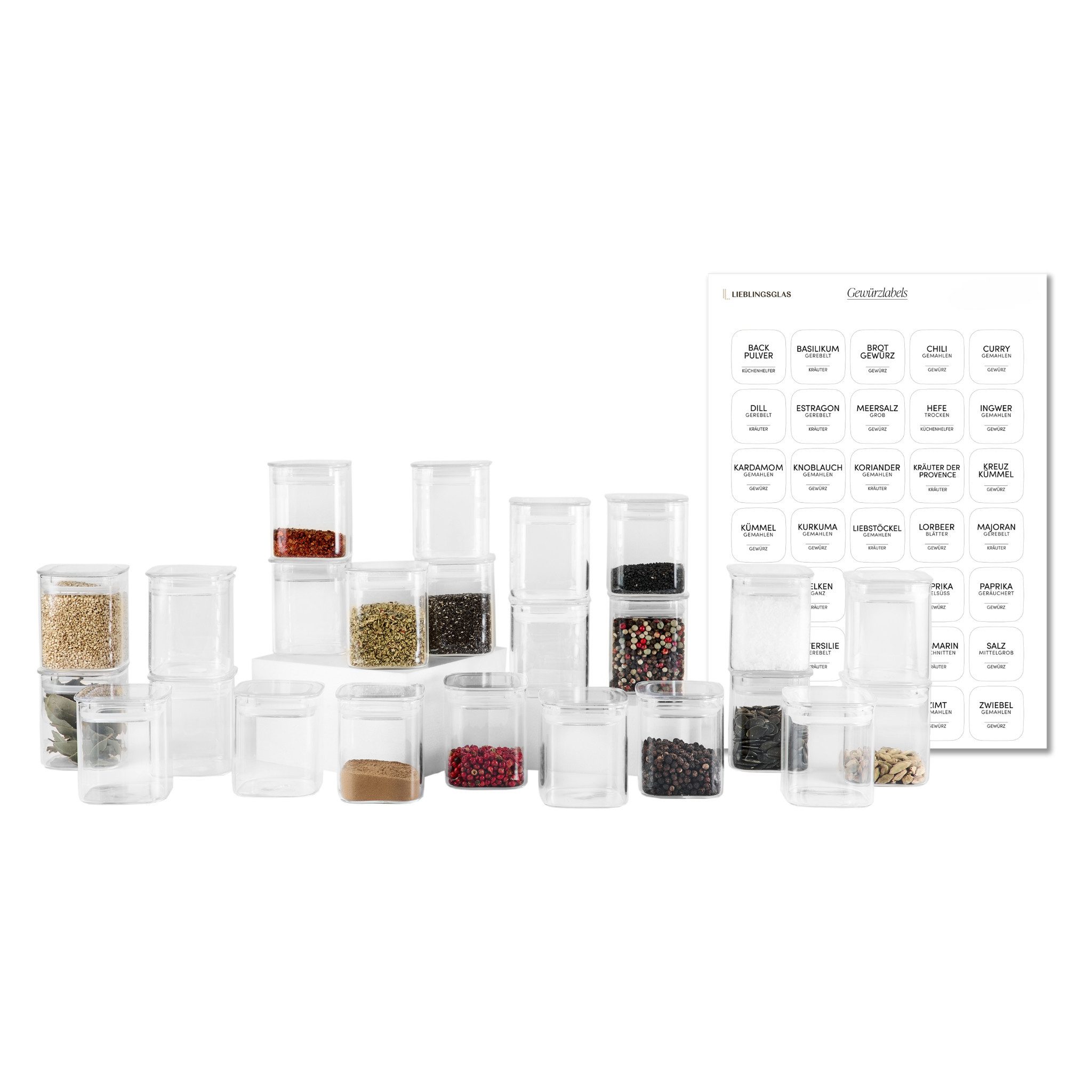 Lieblingsglas Vorratsglas Gewürzschrank Set, Eckig, Glas, (Gewürzgläser-Set, Set aus 20 eckigen Gewürzgläsern mit Deckeln und Etiketten), 20-teiliges Gewürzgläser-Set mit luftdichten Deckeln und Etiketten