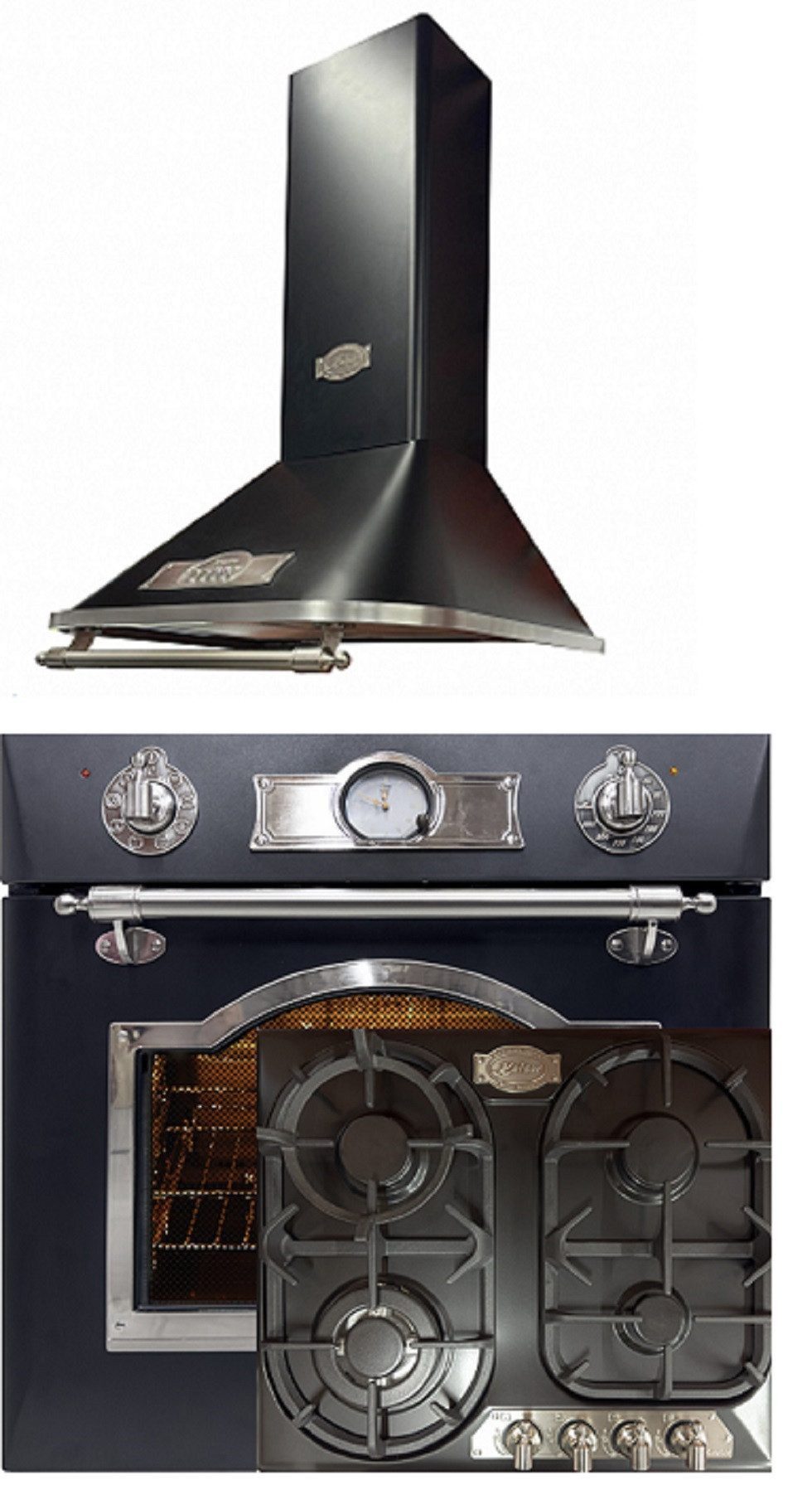 Kaiser Küchengeräte Backofen-Set Herd Set Autark Elektro Backofen, Selbstreinigung, Drehspieß, 8 Funktionen mit Gaskochfeld, 4 flammig, 60 cm mit Dunstabzugshaube 60 cm Silber, 910 m³/h EH 6355 Em Sil+KG 6325 Em Sil Turbo+A 6315 Em Sil Eco., mit 1-fach-Teleskopauszug