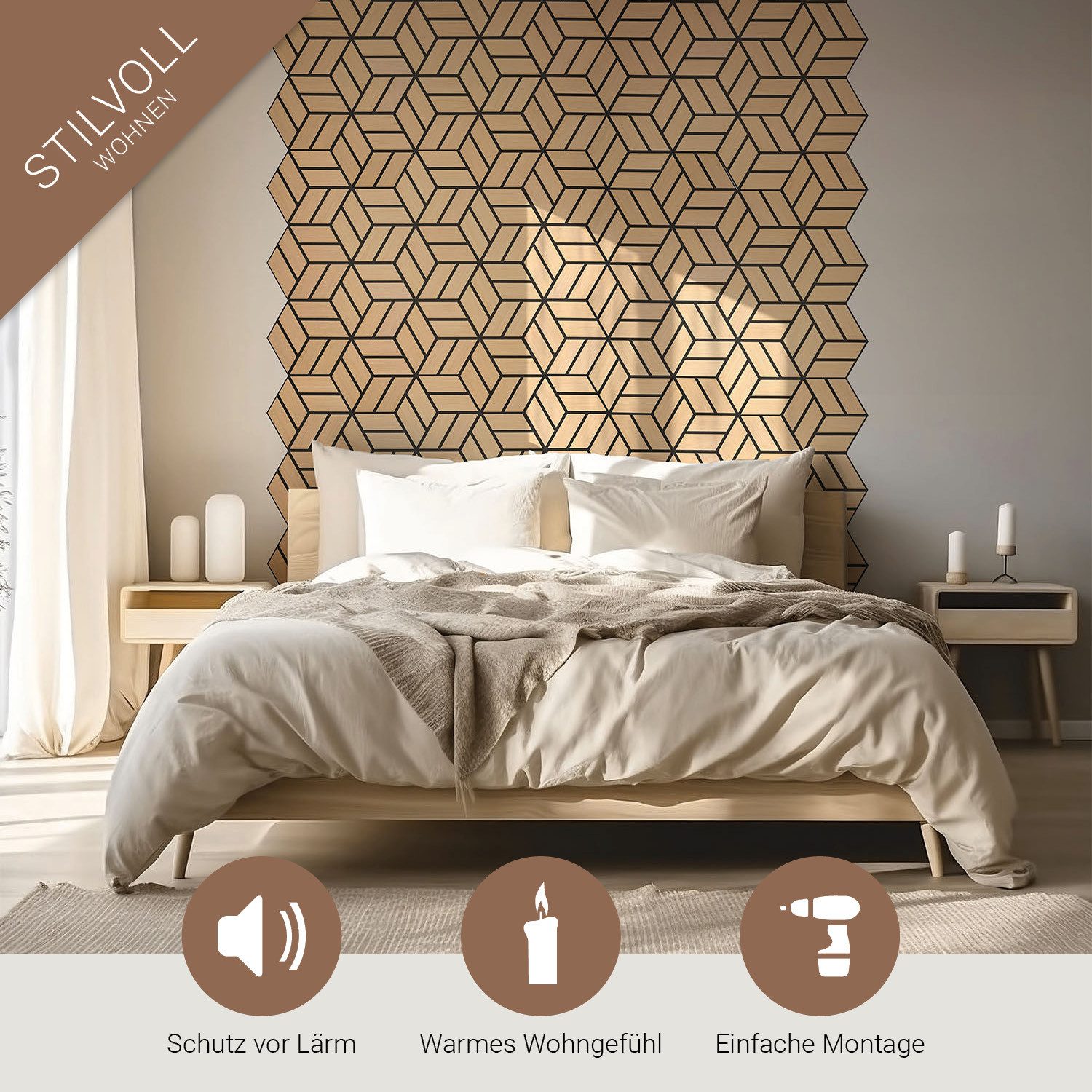 Homestyle4u Wandpaneel je 30x26 Hexagon Akustikpaneele Holz Schallschutz Filz Wand modern, (5er Set, 5-tlg., 5 Akustikpaneele) 3D Akustik Paneel Wandpaneel in Eiche zum Kleben oder Bohren