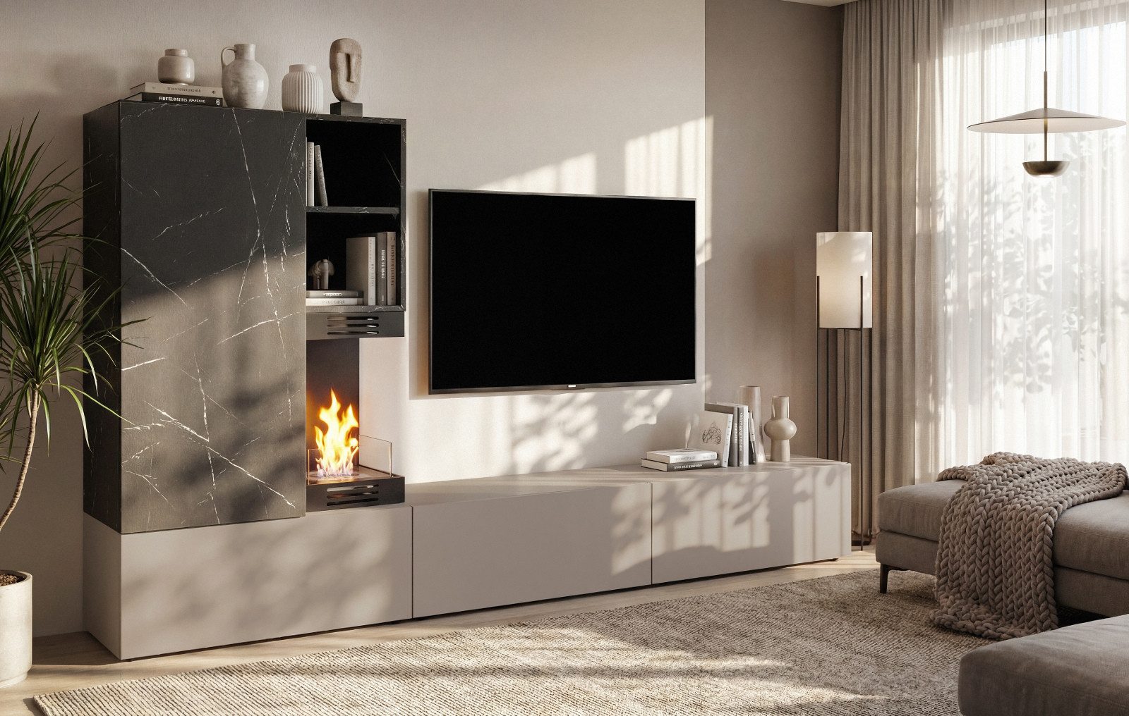 Inn.Furn Wohnwand Cosy, (TV Schrankwand in Marmor und hellem Grau, 6-St., integrierter Kamin, 270 x 158 cm), mit viel Stauraum und Push-To-Open-Funktion