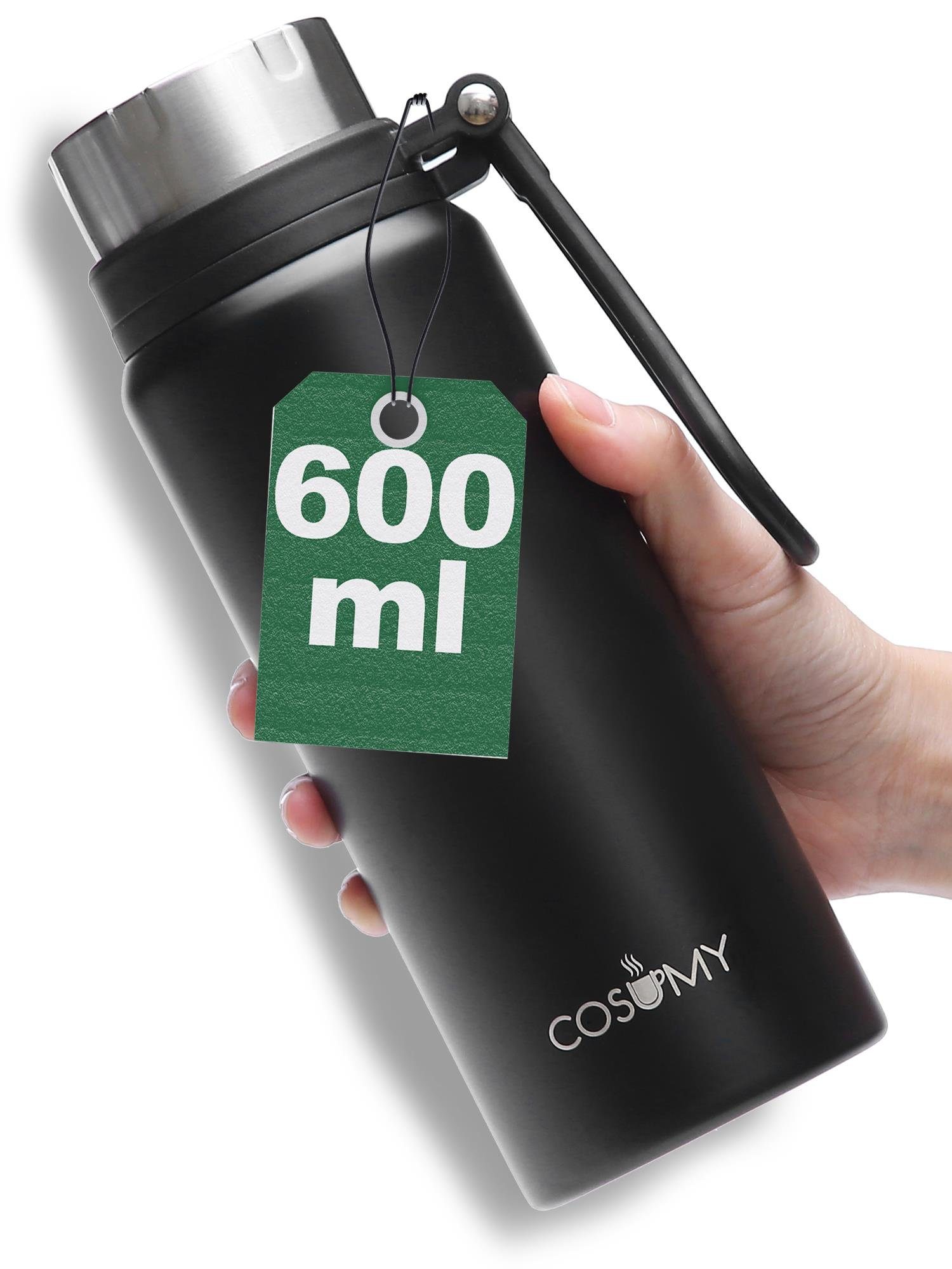 Cosumy Isolierflasche Thermosflasche 600 ml Schwarz, Auslaufsicher -  Kohlensäure Geeignet - Doppelwandige Isolierflasche