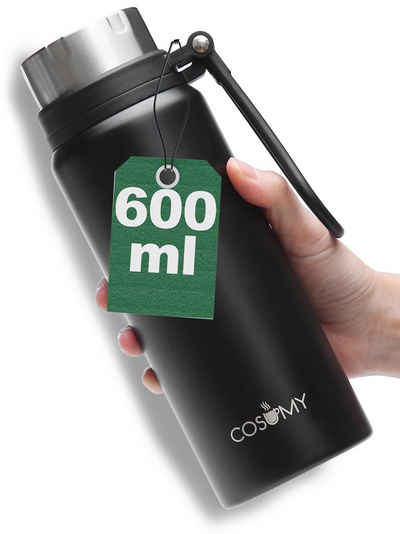 Cosumy Isolierflasche Thermosflasche 600 ml Schwarz, Auslaufsicher - Kohlensäure Geeignet - Doppelwandige Isolierflasche