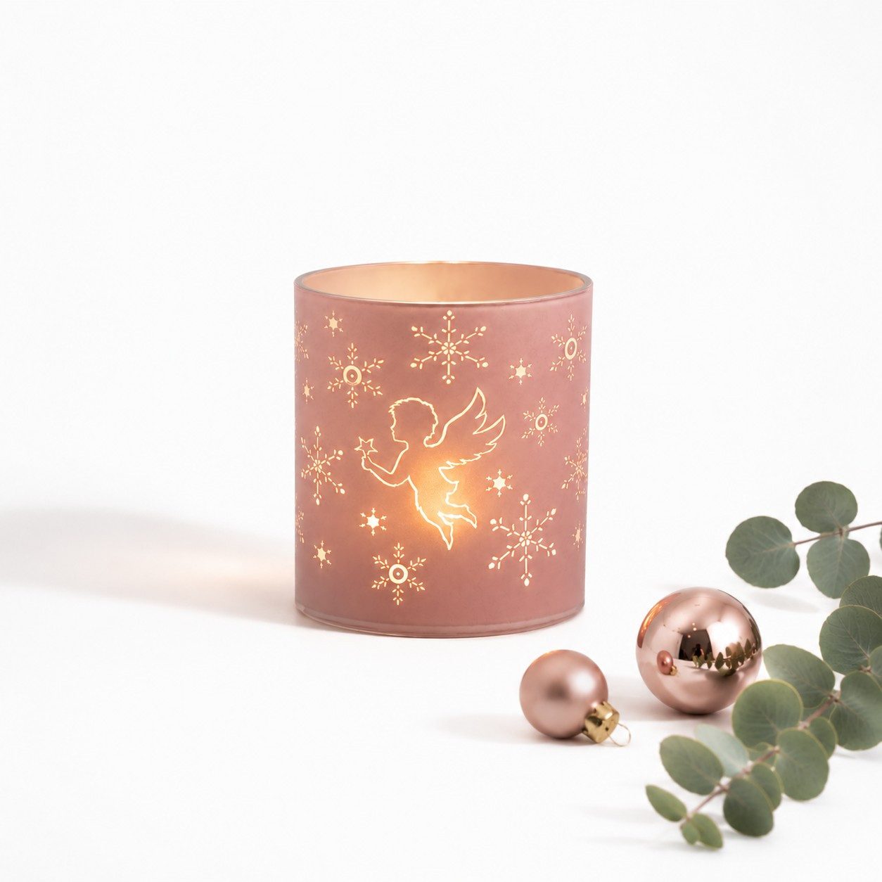 Wurm LED Windlicht LED Windlicht Engel aus Glas Rosa mit Lichterkette 10 cm