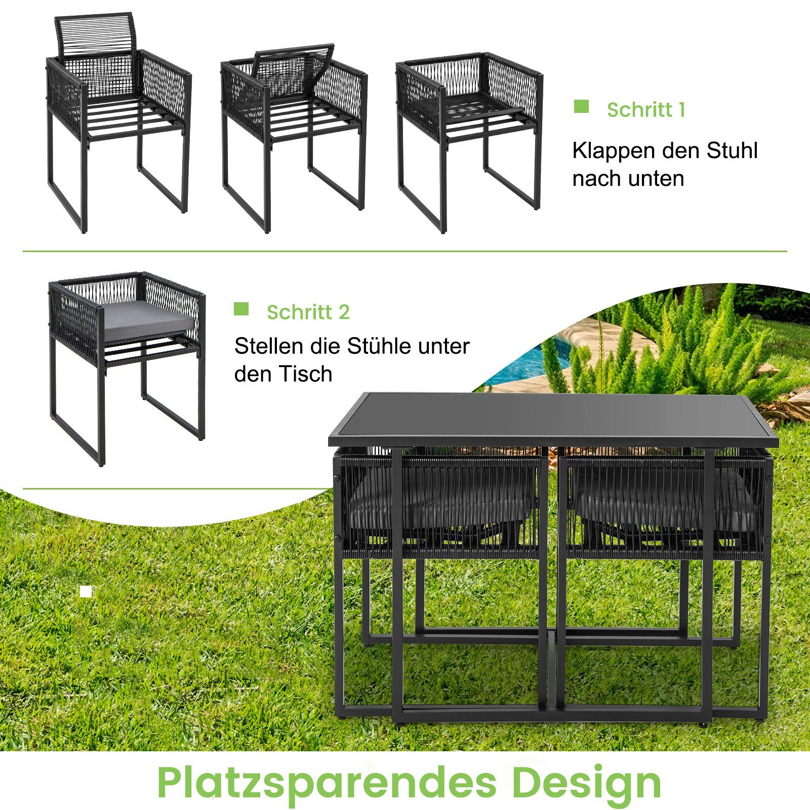 COSTWAY Balkonset, (3tlg), Rattan, Gartenmöbel Set mit 2 Stühlen & Kissen, platzsparend