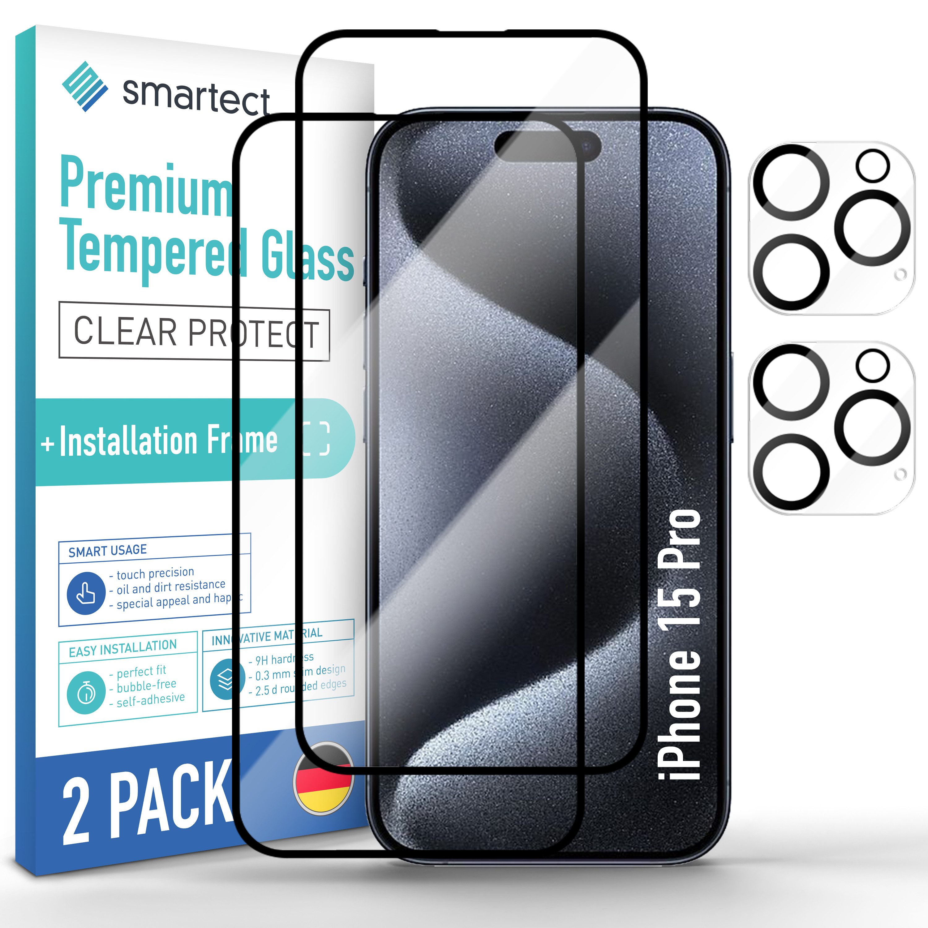 smartect Displayschutzglas Schutzglas Panzerfolie Full Screen 2 + 2 Stück für iPhone 15 Pro für Apple iPhone 15 Pro, Set, 2 Stück, Display + Kamera, inkl. Anbringhilfe, Ultra-klar, 9H Härte, Stoßfest
