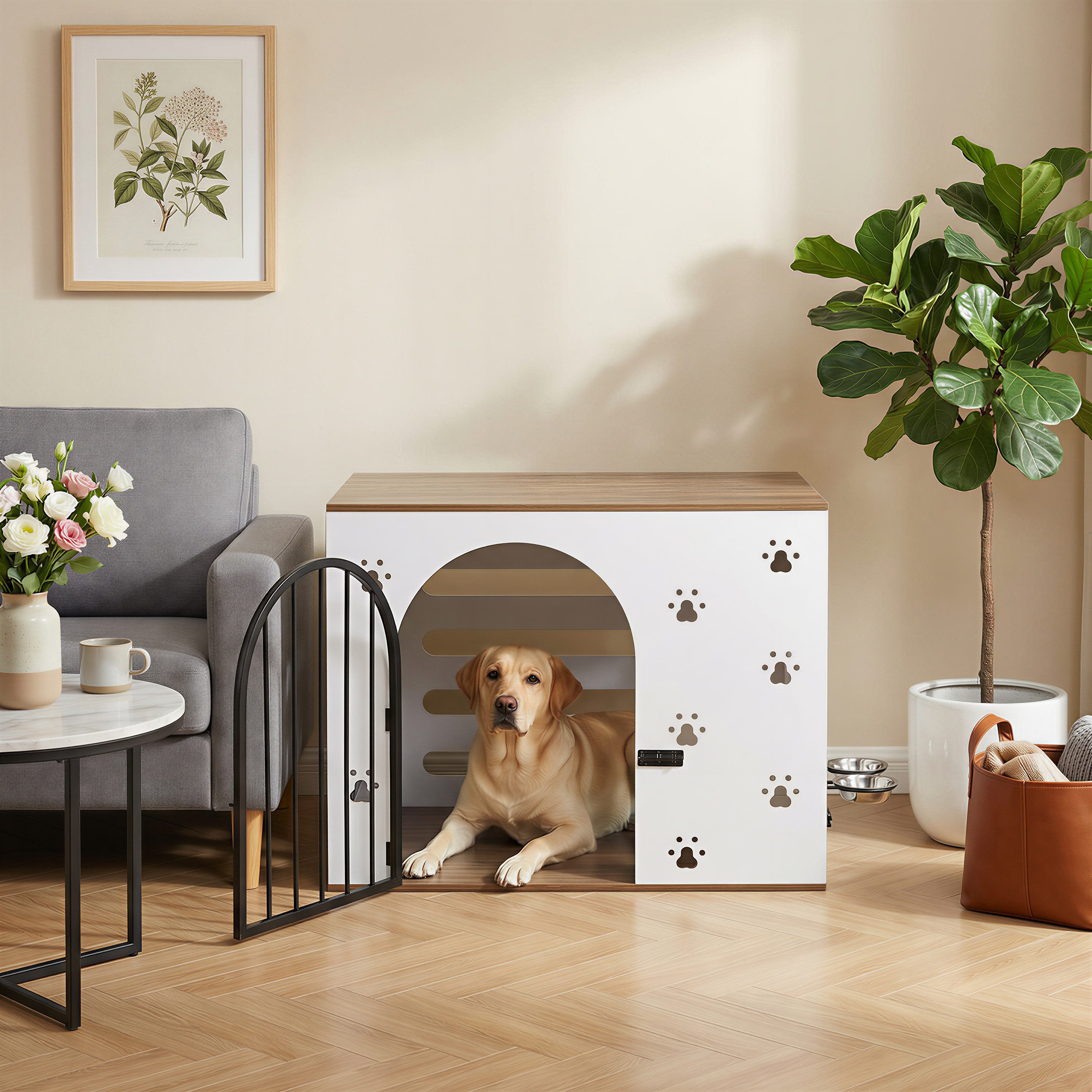 BlingBin Hundehütte Holz Möbel-Hundebox mit integrierter Futterstation & 2 Edelstahlnäpfen, eleganter Beistelltisch für Hunde im Wohnzimmer