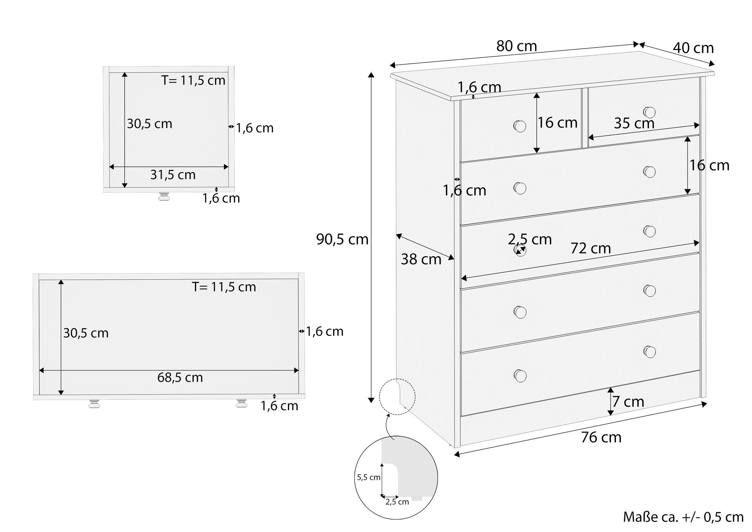 ERST-HOLZ Sideboard Kommode Weiß Sideboard Anrichte Kiefer Massiv 6 Schubladen, 90.50-13W - Kommode Kiefer weiß-6 Schubladen