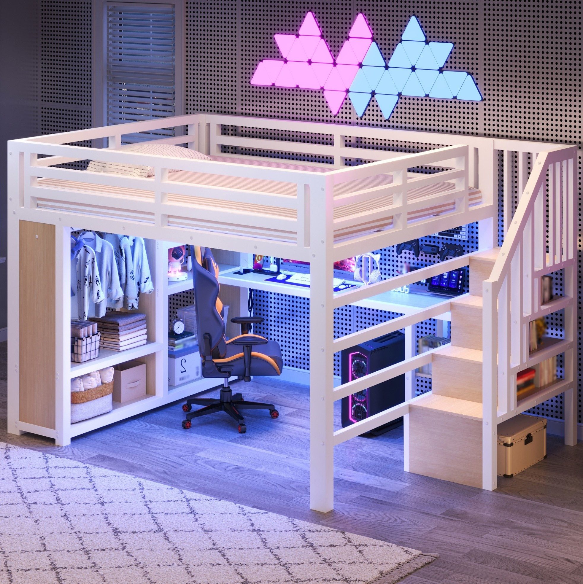 MODFU Hochbett Jugendzimmer Möbel mit Treppe Kleiderschrank und Fächern (Packung, 2-St., 140×200 cm Spielbett Weiß aus Metall mit LED Beleuchtung) Bett mit integriertem Schreibtisch und USB Ladefunktion,mit Matratze