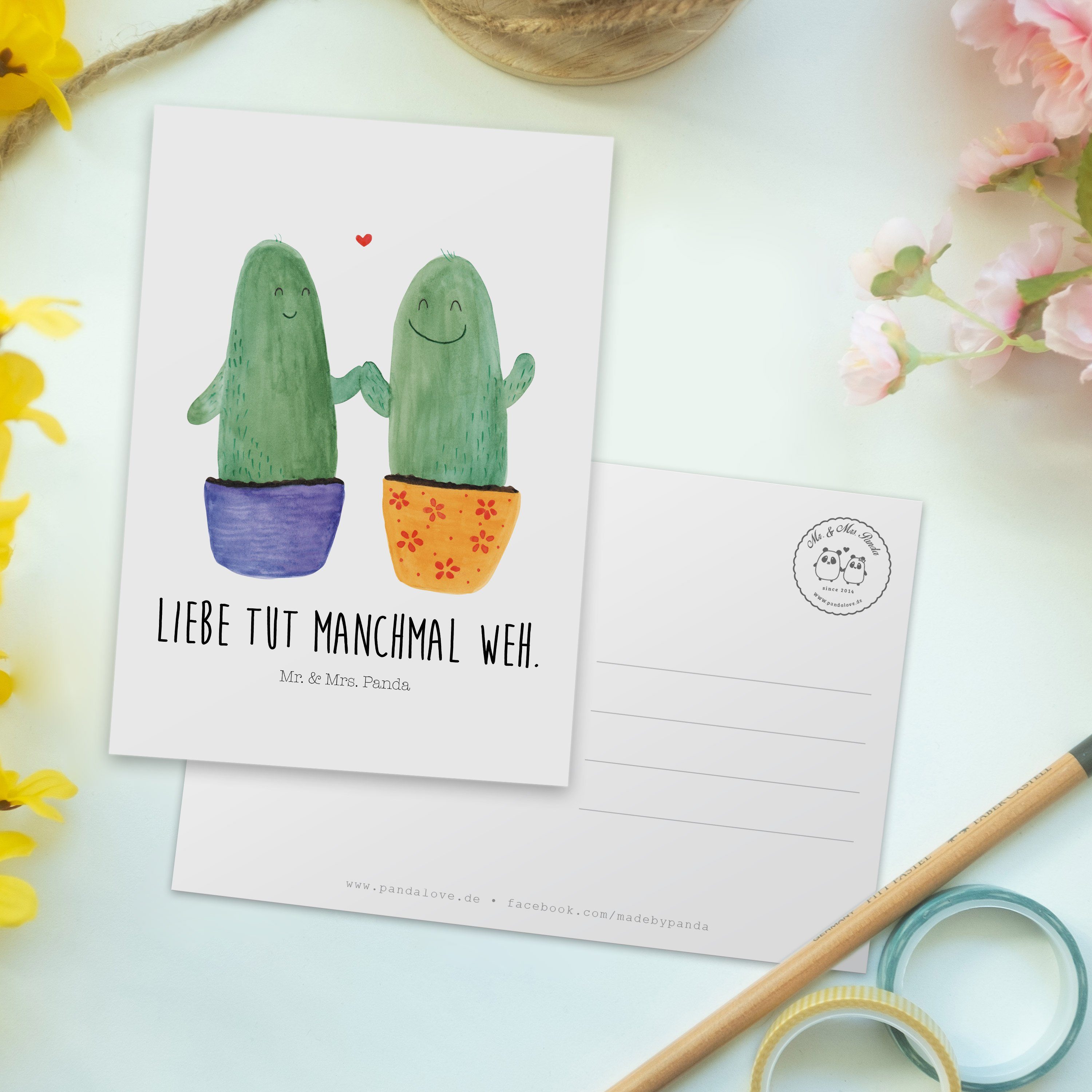 Postkarte Liebe Mrs. Mr. Geschenk, - Einladung, Panda Weiß Grußkarte, Liebesbotschaft - & Kaktus