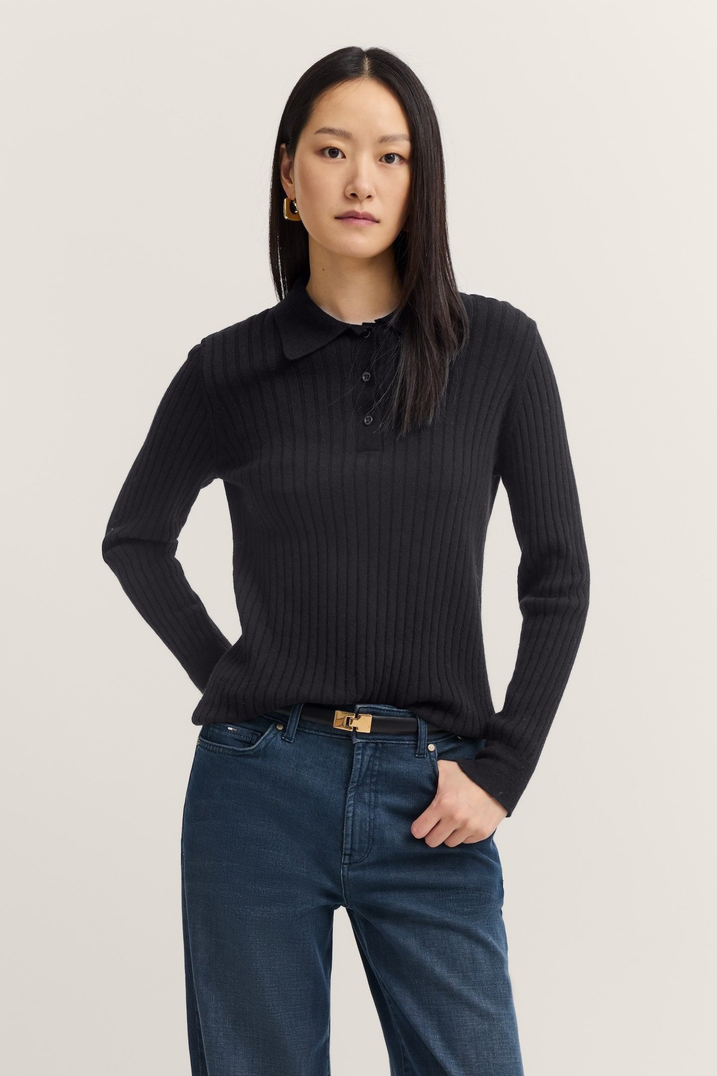 bugatti Polokragenpullover Kaschmir-Mix aus Rippstrick mit Knopfleiste