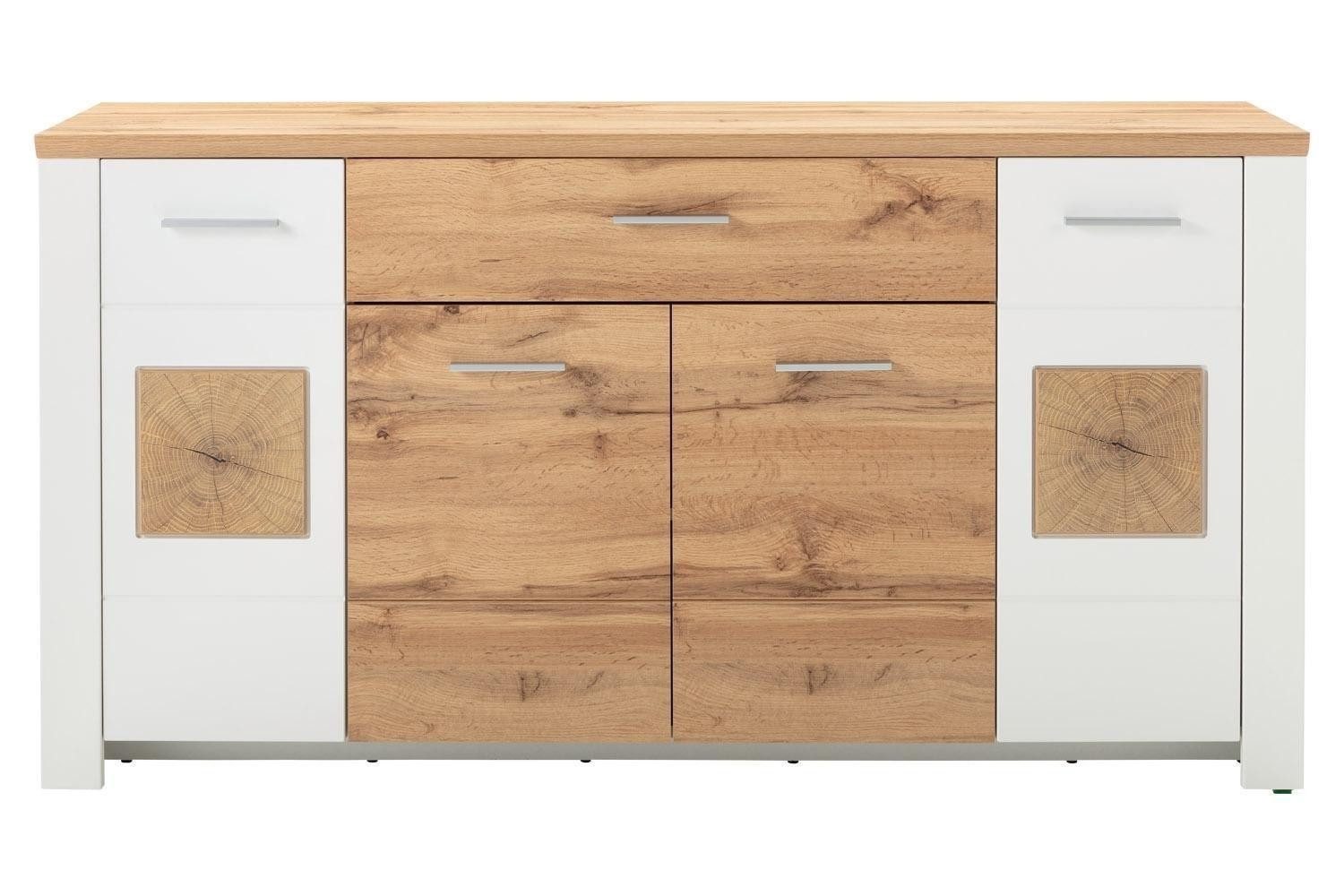 LIV'IN Sideboard MATERA, B 164 x T 46 cm, Weiß supermatt, Eiche Altholz Dekor, 4 Türen, 1 Schublade