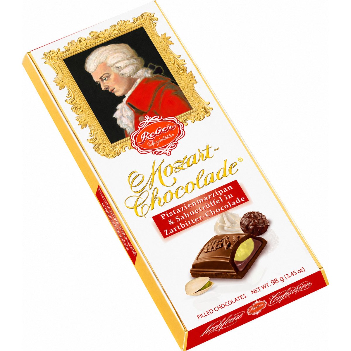 Reber Schokolade, Reber Mozart Schokolade gefüllt mit Pistazien Marzipan Trüffel 98g