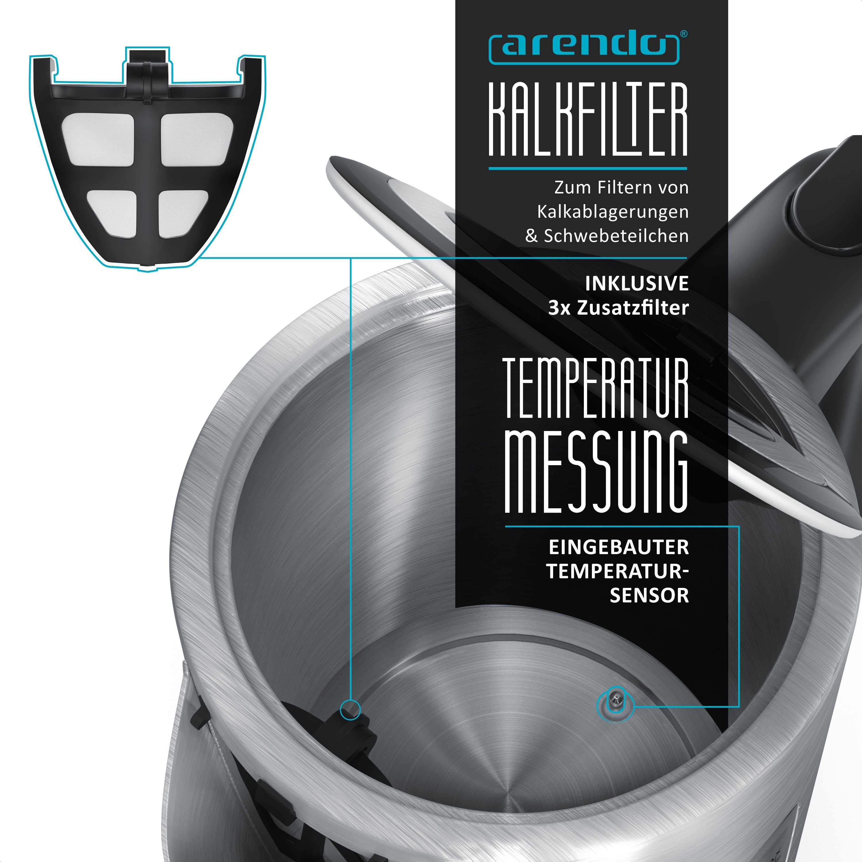 Arendo Frühstücks-Set (2-tlg), Wasserkocher 1,7l mit Temperaturauswahl & Toaster, Edelstahl