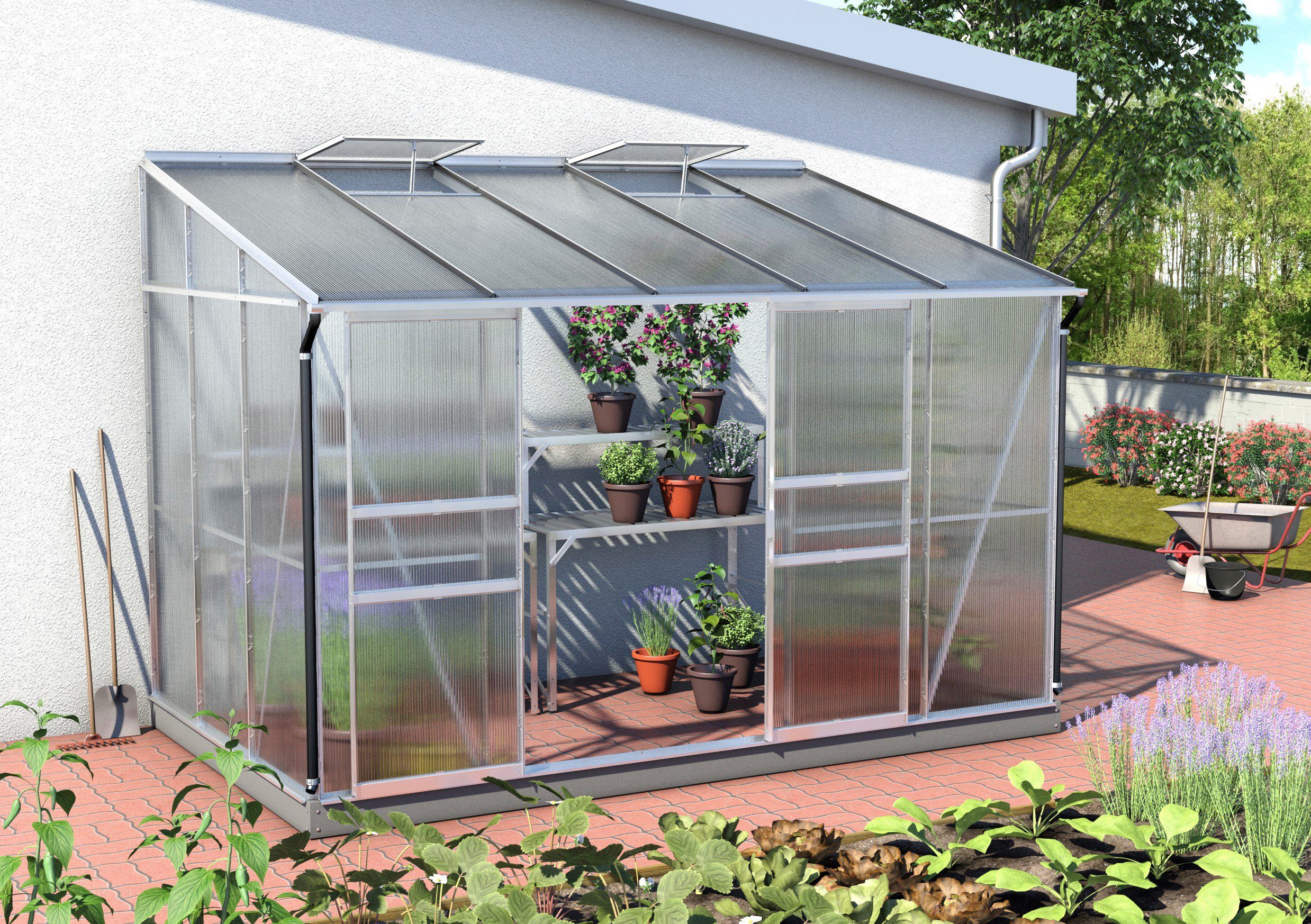 Vitavia Anlehngewächshaus Osiris 6500, BxTxH: 324 x 201 x 221 cm, 4 mm Wandstärke silberfarben