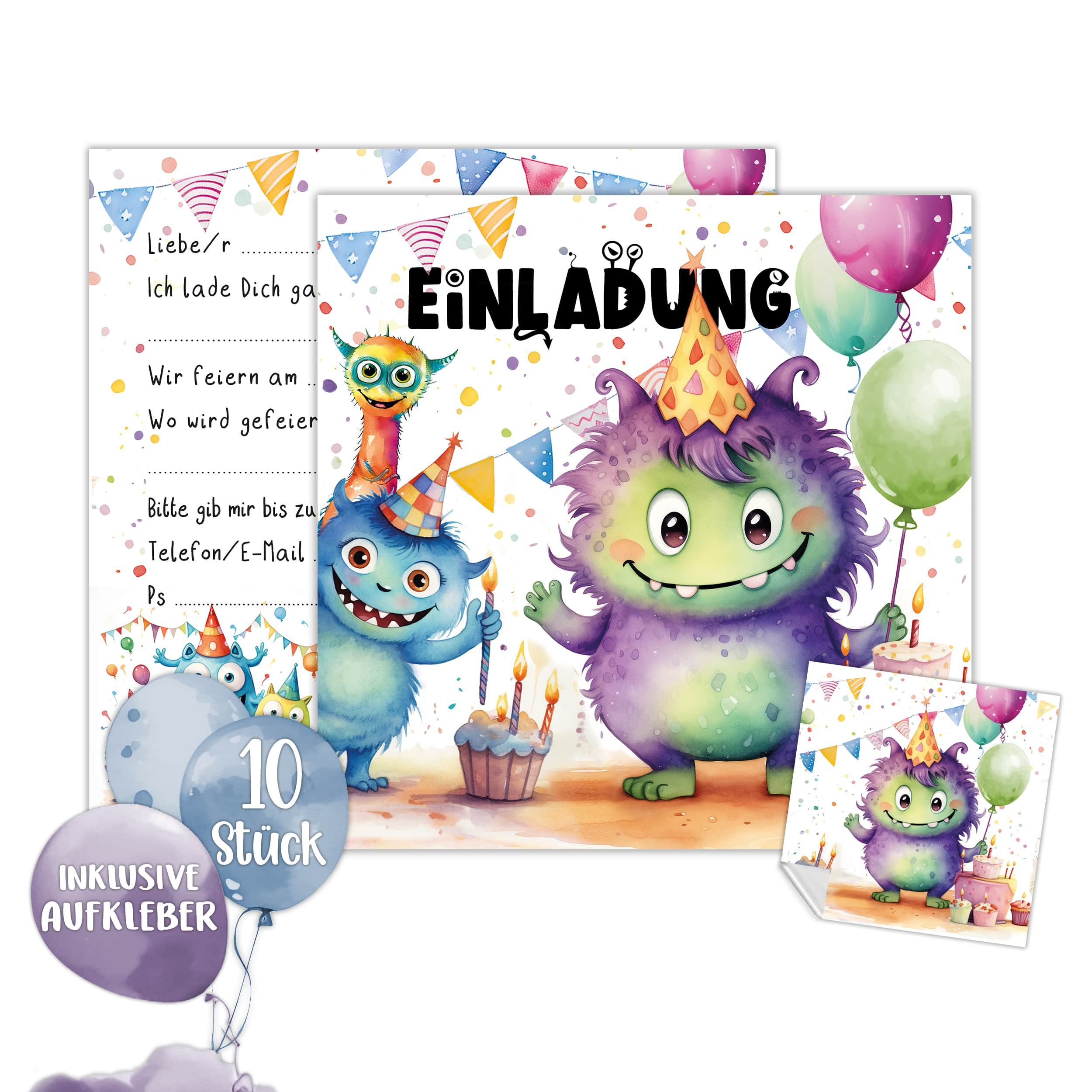 TOBJA Einladungskarten XXL 10 Monster-Einladungskarten mit Stickern, Kindergeburtstag Junge Geburtstag Einladung Kinder