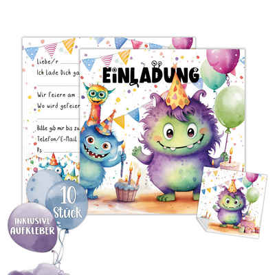 TOBJA Grußkarte XXL Monster-Einladungskarten mit Stickern, Kindergeburtstag Junge Geburtstag Einladung Kinder