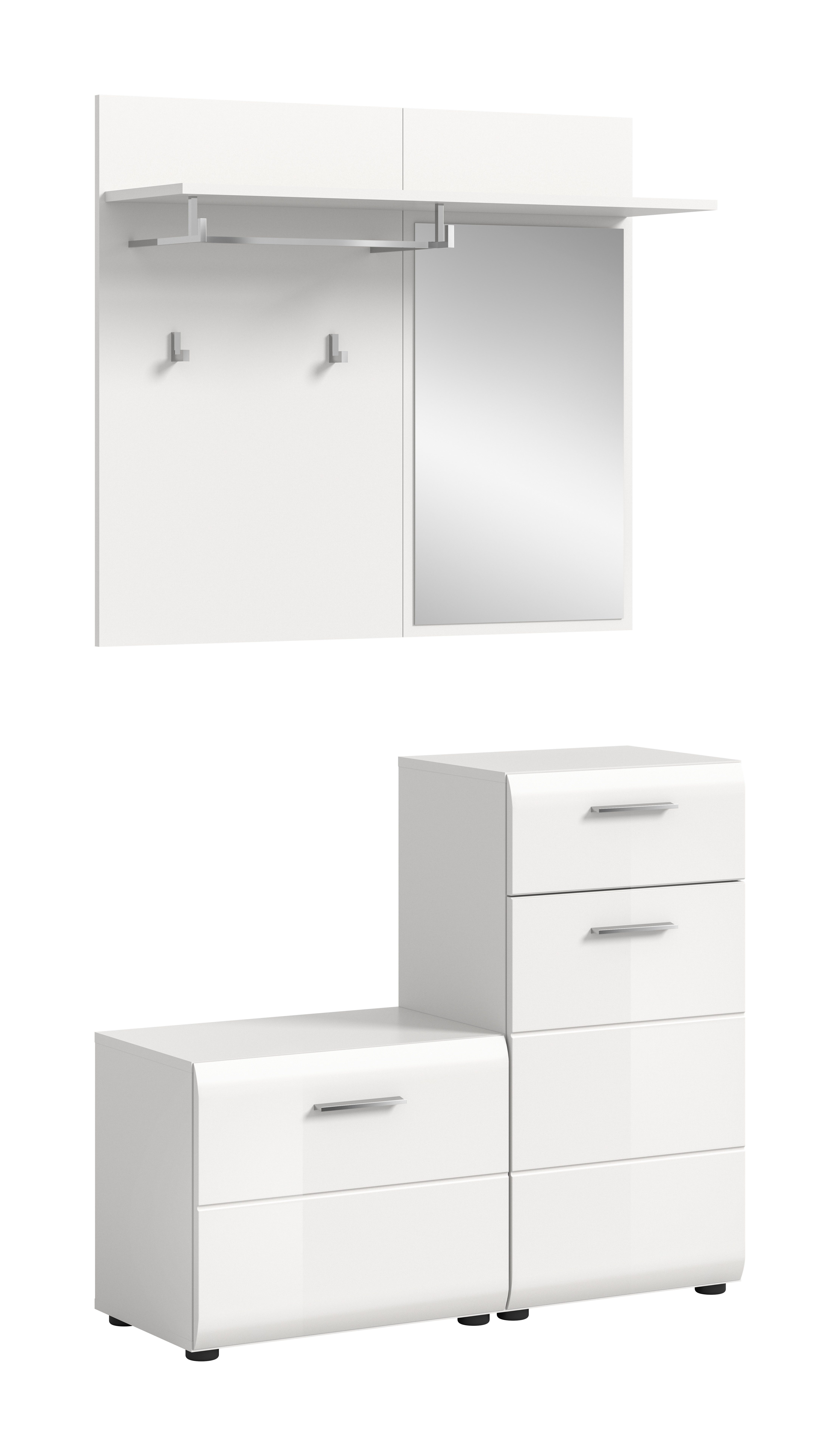 furnling Garderoben-Set Ivy, (4-St., Garderobenpaneel, Kommode, Sitzbank, Spiegel), Garderobenmöbel, 1 Kleiderstange, 2 Haken, Hochglanz Front, weiß