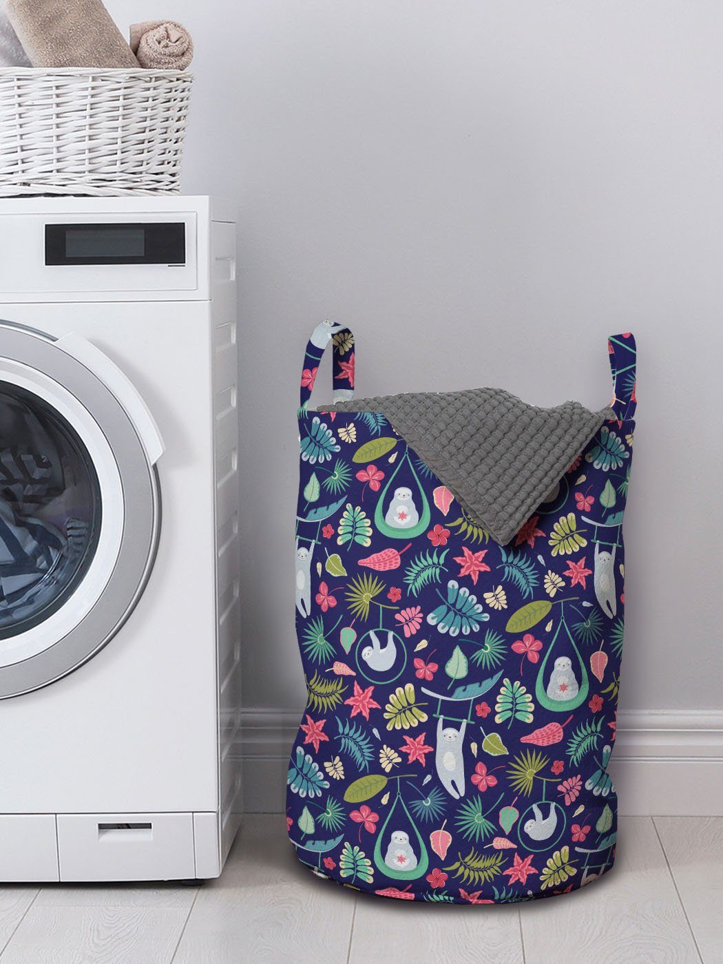 Waschsalons, Blumen und Tropisch Wäschesäckchen mit Kordelzugverschluss Faultier für Griffen Wäschekorb Exotische Abakuhaus