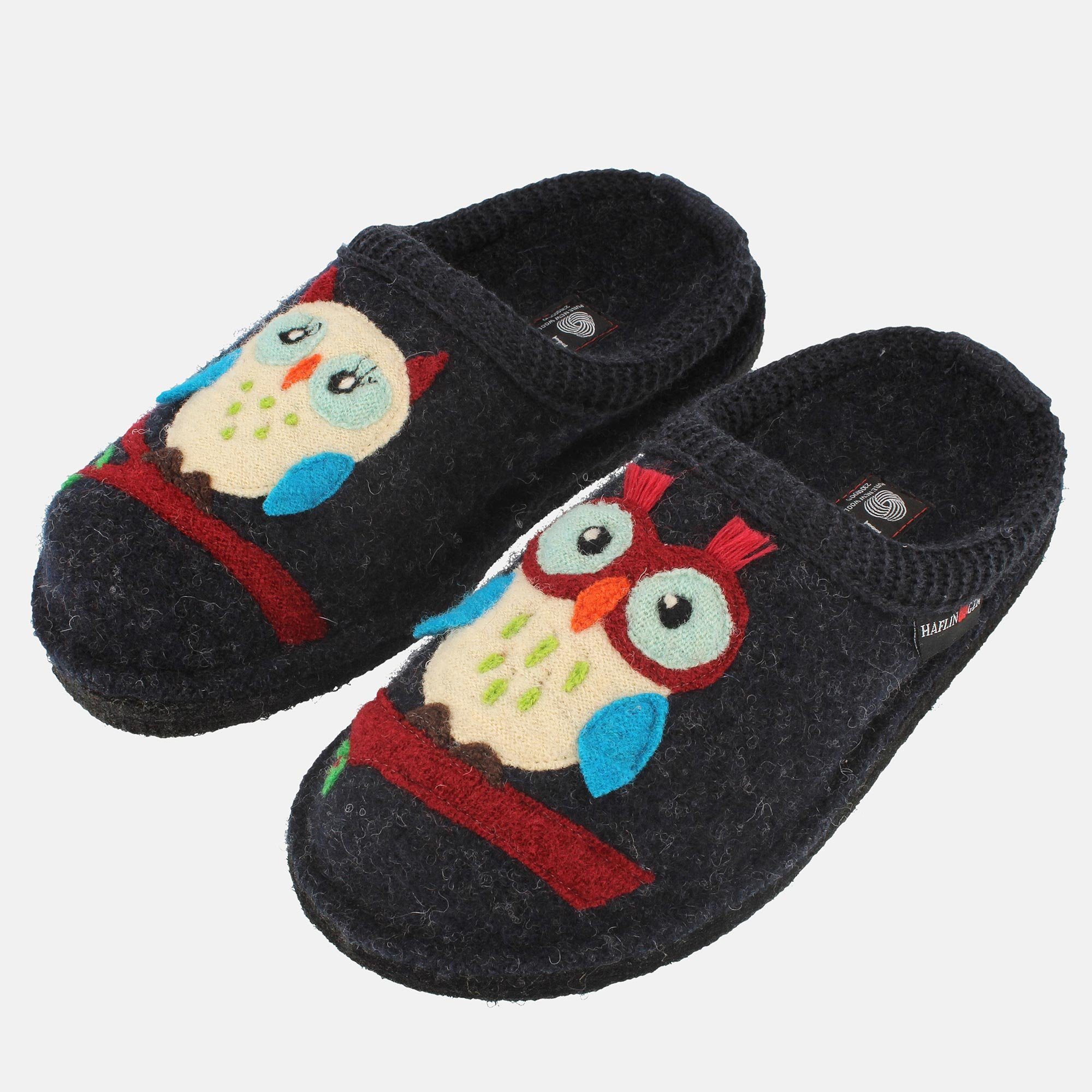 Haflinger Flair Olivia Pantoffeln aus gewalkter Wolle Eulenmotiv Unisex Hausschuh