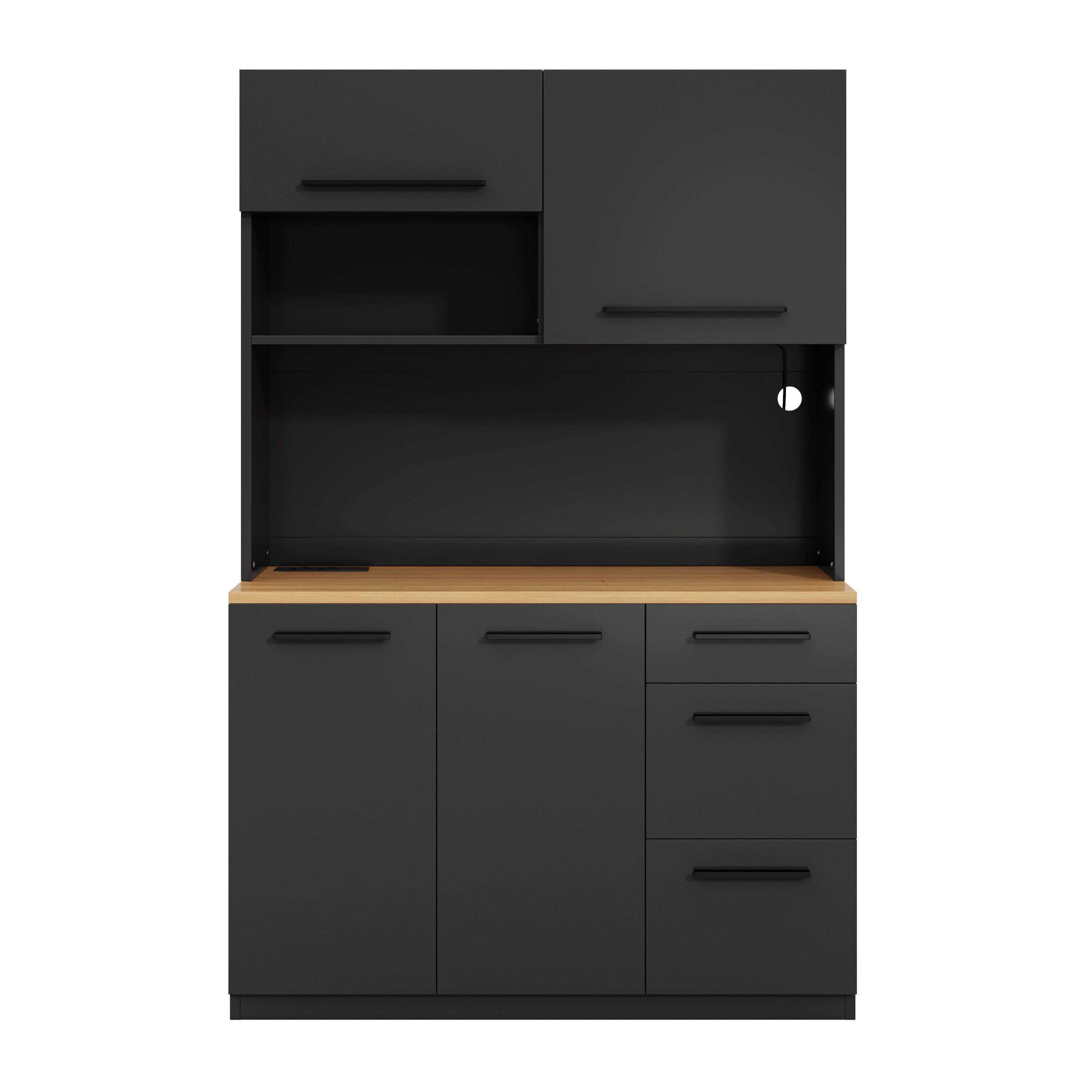 Flieks Küchenbuffet mit Steckdosen, LED-Beleuchtung und verstellbarer Einlegeböden (mit naturfarbener Arbeitsplatte in Holzoptik, 1-St., B120/T40/H180 cm) Hochschrank Küchenschrank Geschirrschrank mit Ladefunktion Schwarz