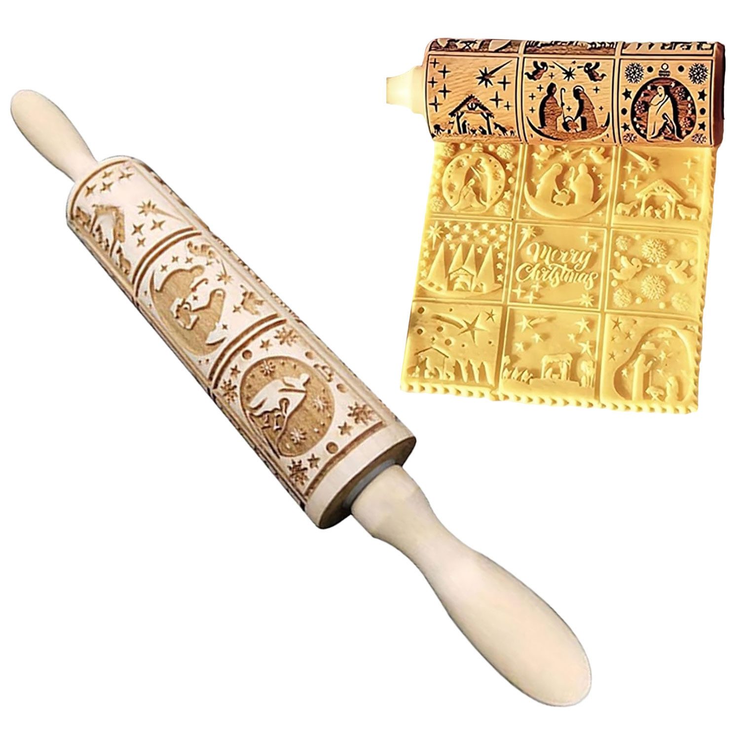 Refttenw Teigroller 3D Holz Teigroller Weihnachten Nudelhölzer 35x16.5x4.5cm, für DIY, Teig, Fondant, Keks, Kuchen