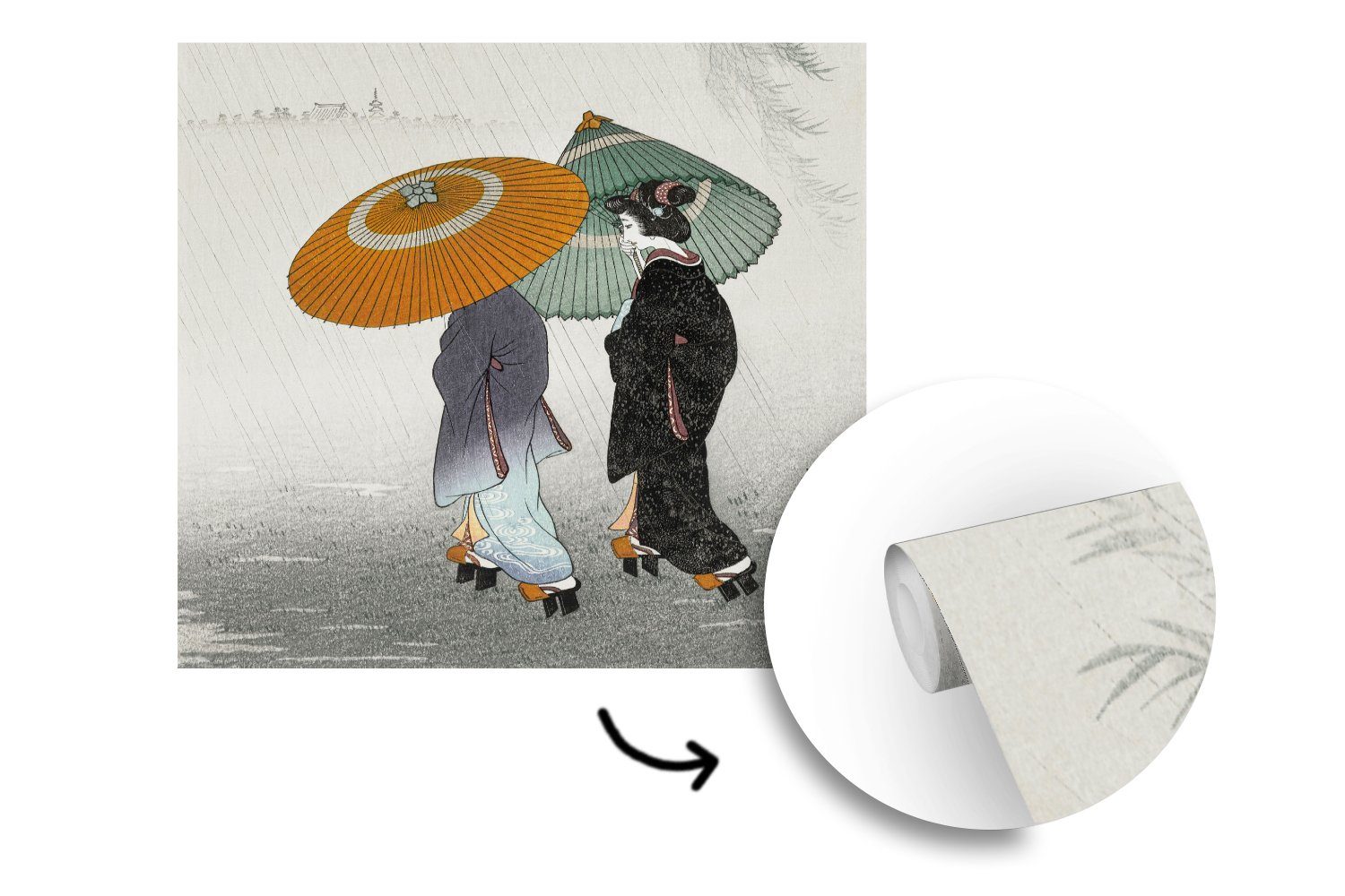 Wandtapete - - oder (5 Fototapete Vintage, - Vinyl Tapete Japandi für St), - Sonnenschirm MuchoWow Matt, Wohnzimmer Schlafzimmer, Kimono bedruckt, Frauen