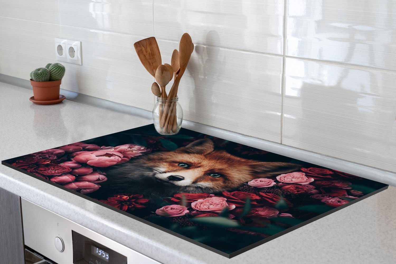 Blumen - Schutz die Induktionskochfeld Herdblende-/Abdeckplatte Tiere, cm, (1 tlg), küche, - MuchoWow Fuchs Vinyl, 80x52 für Ceranfeldabdeckung