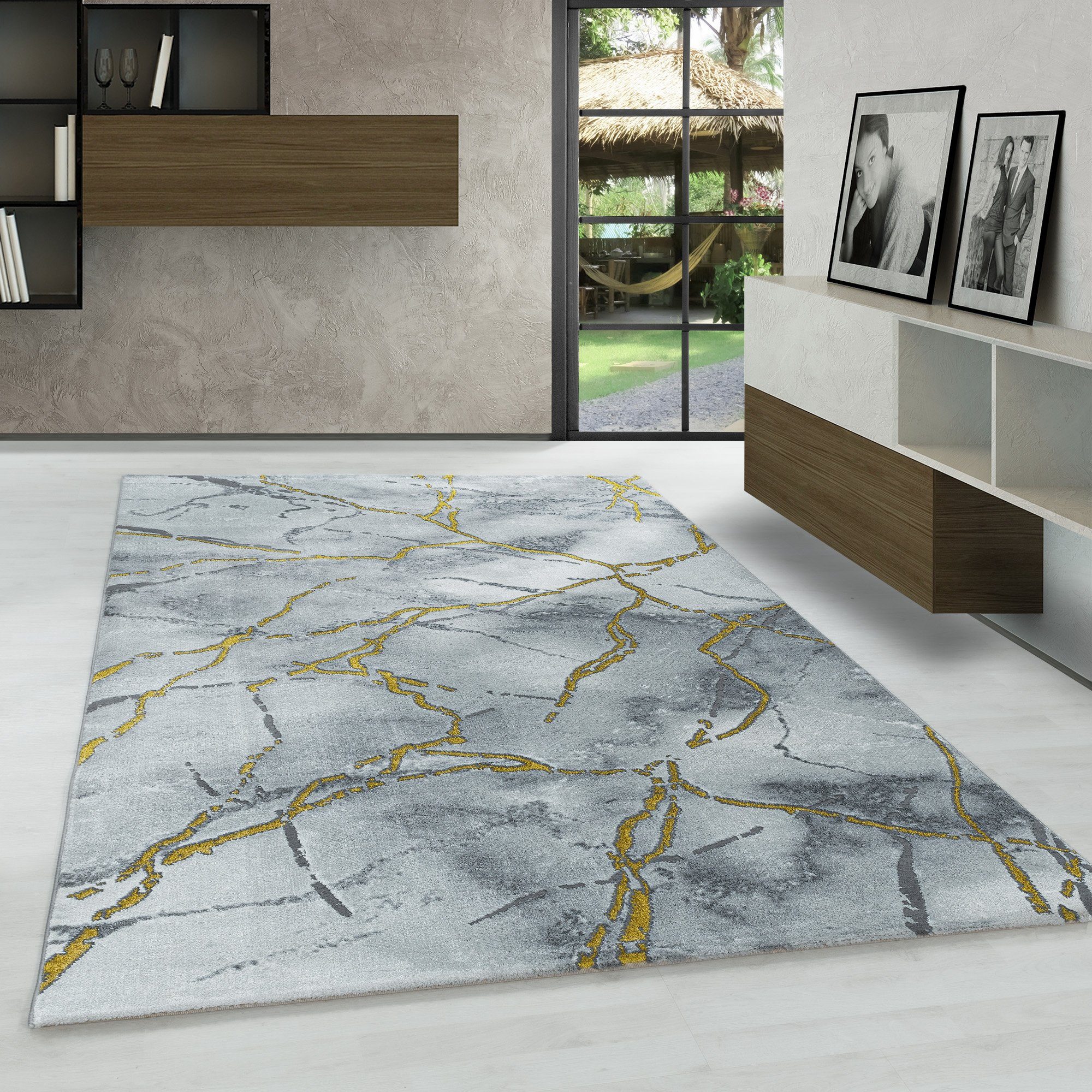 Designteppich Marmor Stil Teppich Design, Höhe: Kurzflor Carpetsale24, Goldfarbe, Rechteckig, 12 Wohnzimmer Modern Design mm, Marmor
