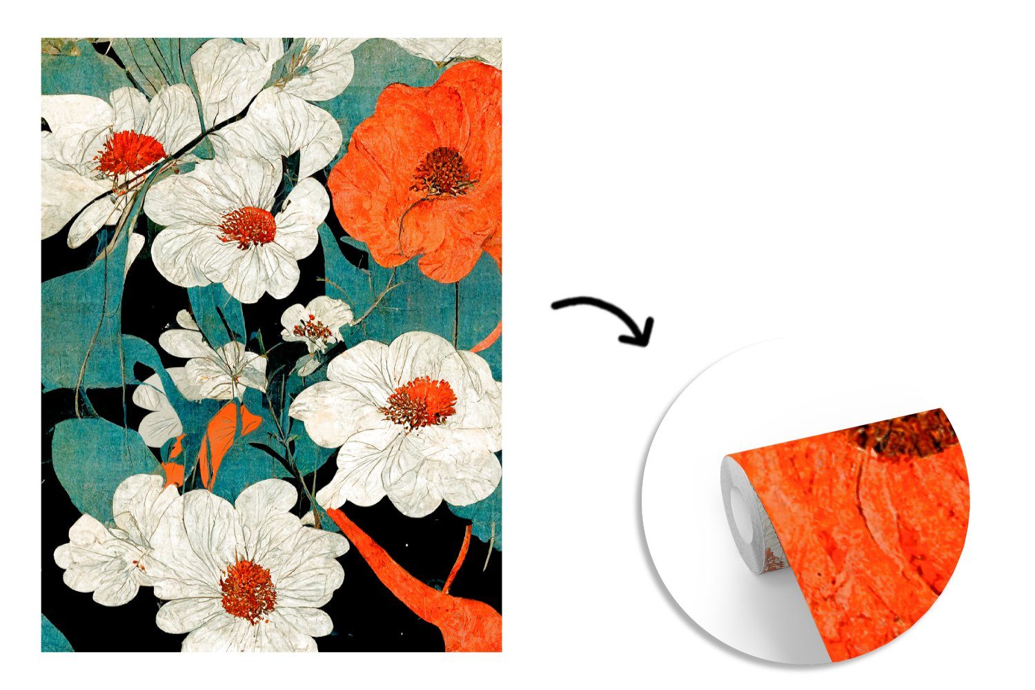 MuchoWow Fototapete Montagefertig Wohnzimmer, Asien für Wandtapete Tapete - - Vintage Pflanzen Blumen Orange, - bedruckt, Vinyl Matt, - St), (4