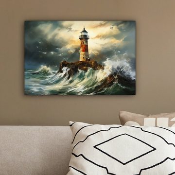 OneMillionCanvasses® Leinwandbild Leuchtturm - Wasser - Meer - Felsen - Ölgemälde, (1 St), Wandbild Leinwandbilder, Aufhängefertig, Wanddeko, 30x20 cm