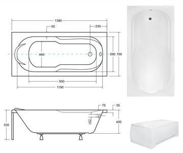 KOLMAN Badewanne Rechteck Bona 140x70, Acrylschürze Styroporträger, Ablauf VIEGA & Füße GRATIS