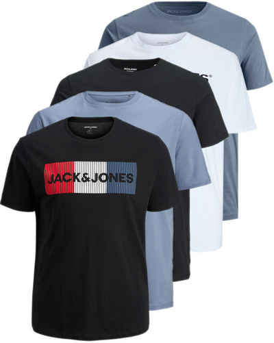 Jack & Jones Plus Print-Shirt Weites Shirt mit Printdruck (Spar-Set, 5er-Pack) unifarbenes Oberteil aus Baumwolle in Übergröße, Größe 5XL