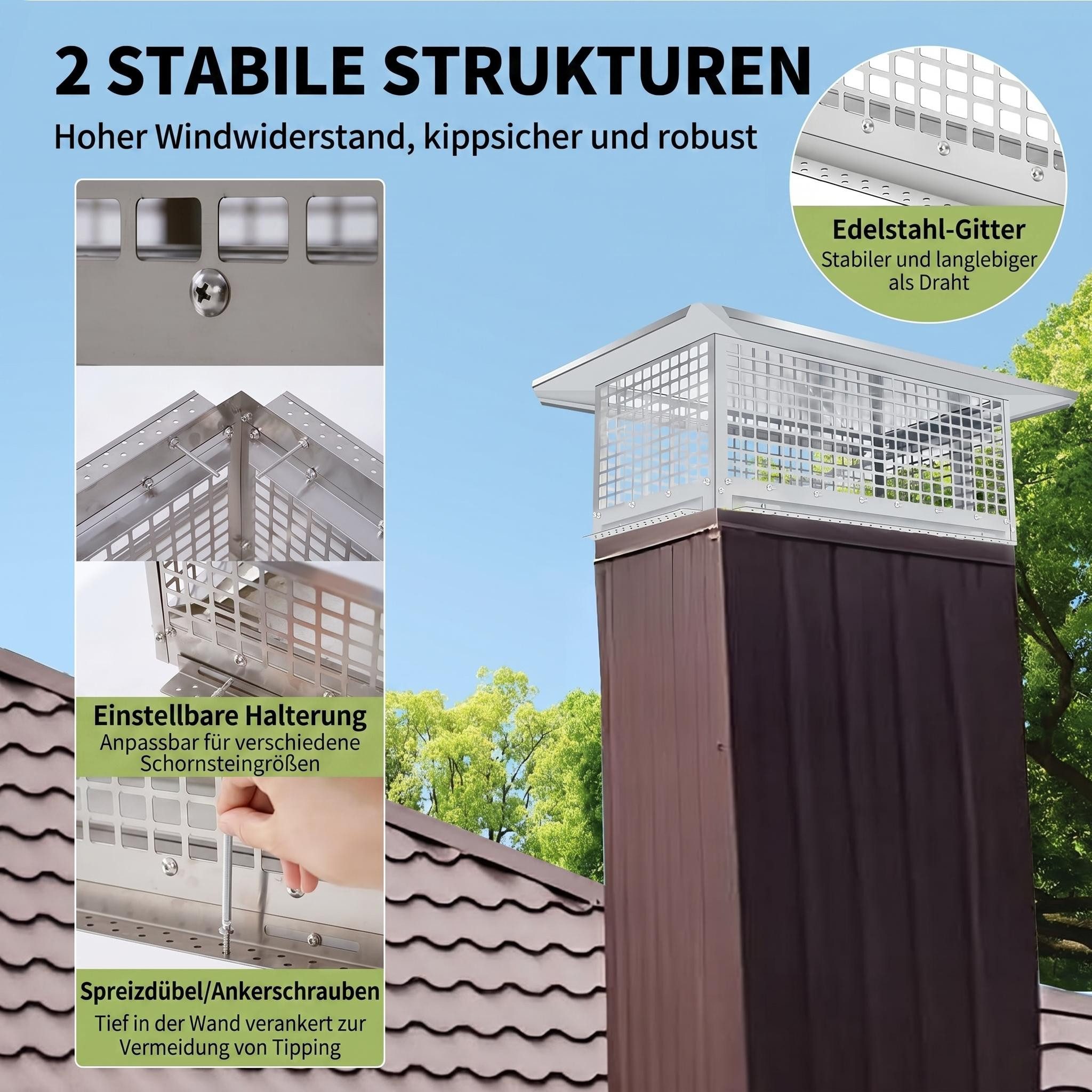 GarveeMore Schornstein-Regenhaube 304 Edelstahl-Schornsteinschutz inkl. Montageset, quadratisch, Silbrig, Schutz vor Vögeln, Schnee, Blättern & Funken – Bild 5 von 5