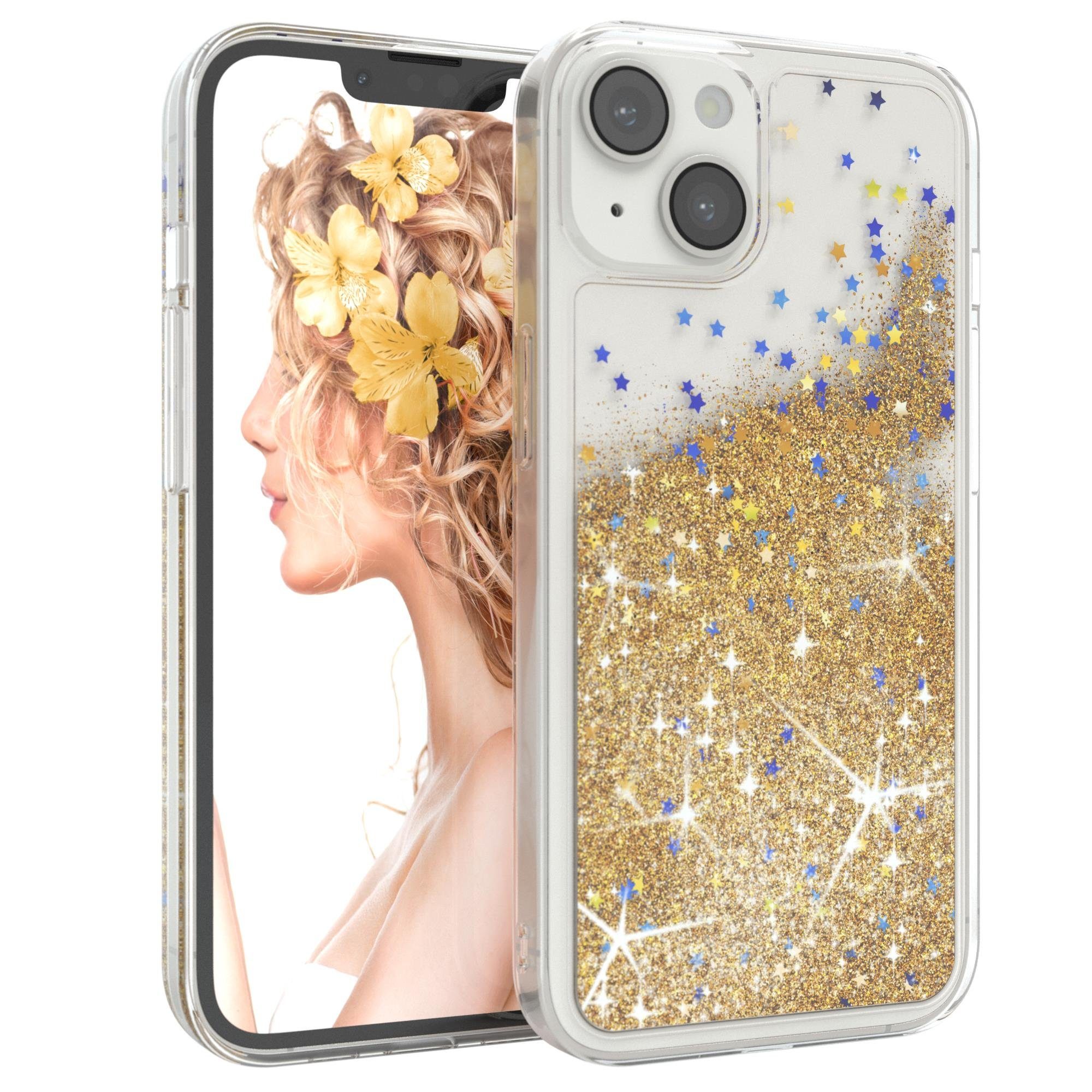 EAZY CASE Handyhülle Liquid Glittery Case für Apple iPhone 14 6,1 Zoll, Durchsichtig Back Case Handy Softcase Silikonhülle Glitzer Cover Gold