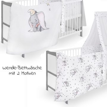 jonka Babybett Moritz - BW Dumbo - Weiß Grau, Set inkl. Bettwäsche, Himmel & Matratze 70x140 cm mit Schlupfsprossen
