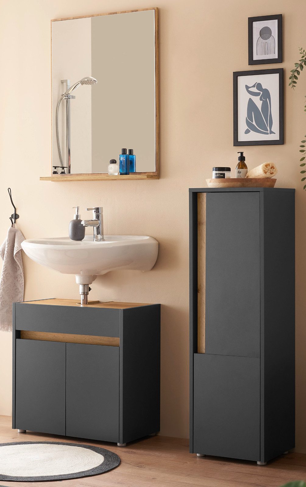 Furn.Design Badmöbel-Set Center, (Badezimmer in grau mit Wotan Eiche, 3-St., Breite 90 - 120 cm), Melaminbeschichtung, mit viel Stauraum