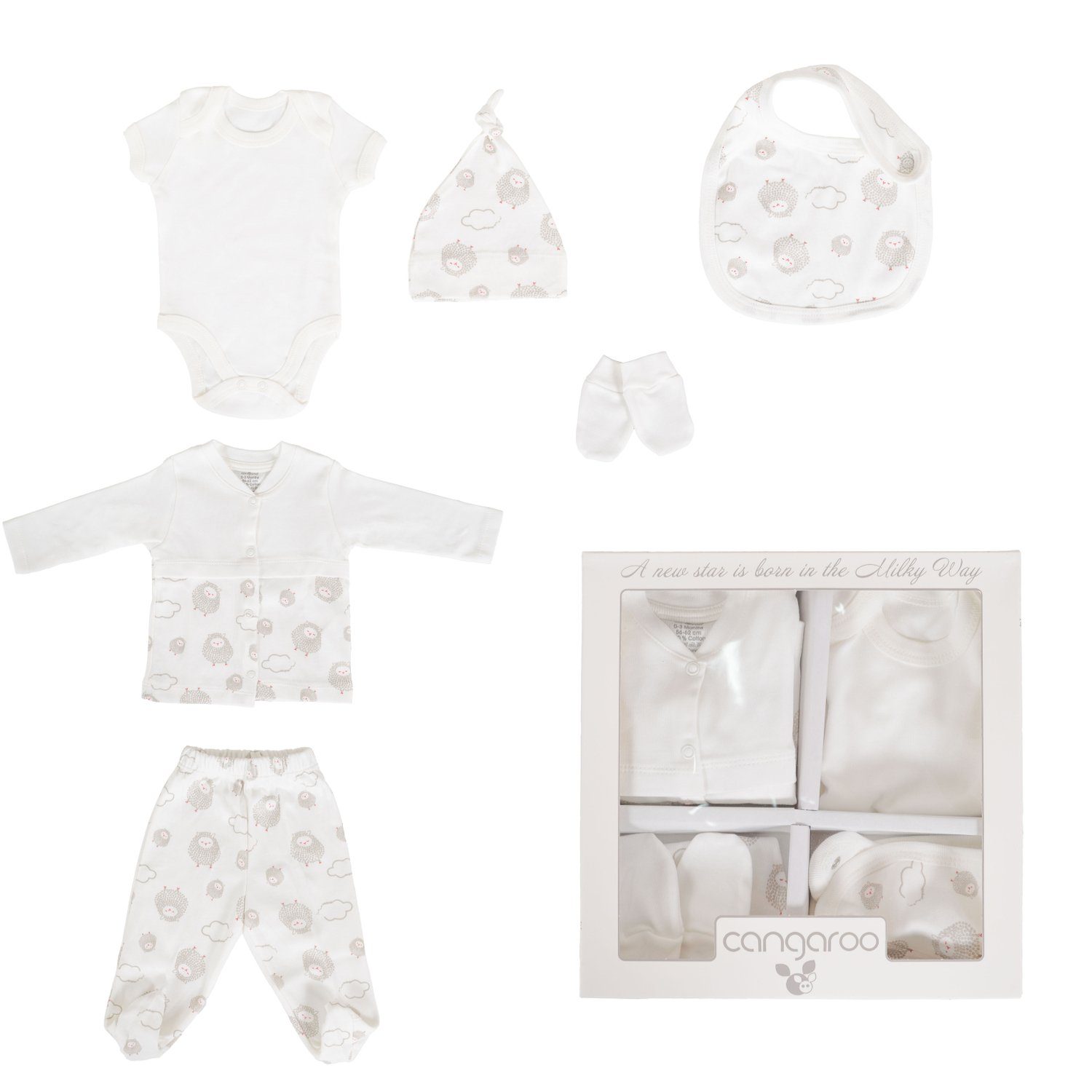 Bekleidungsset Baby Way 56 - Neugeborenenset Größe 62 Milky beige-weiß 6-teilig, Cangaroo Erstausstattungspaket