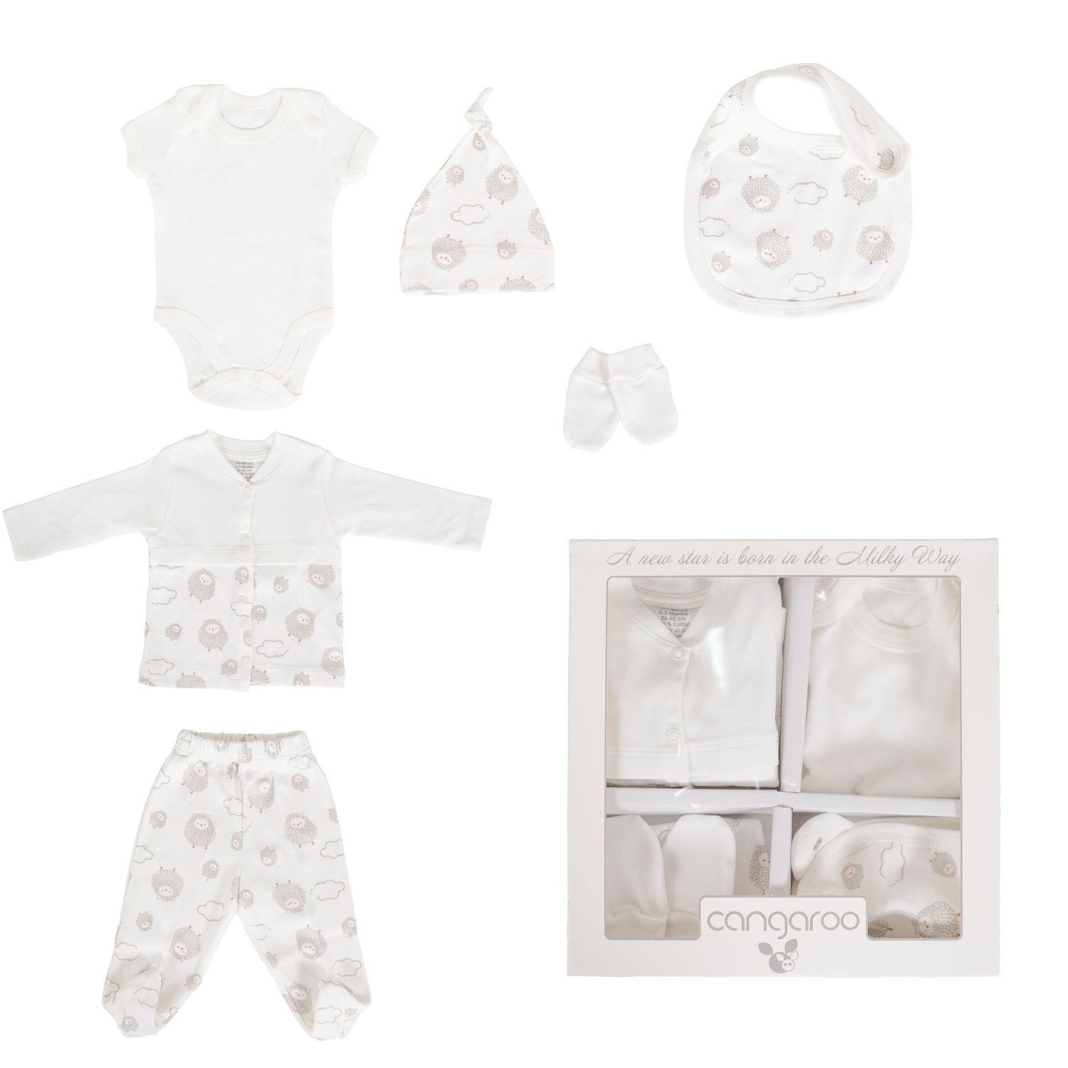 Cangaroo Erstausstattungspaket Baby Bekleidungsset Milky Way 6-teilig, Neugeborenenset Größe 56 - 62 beige-weiß