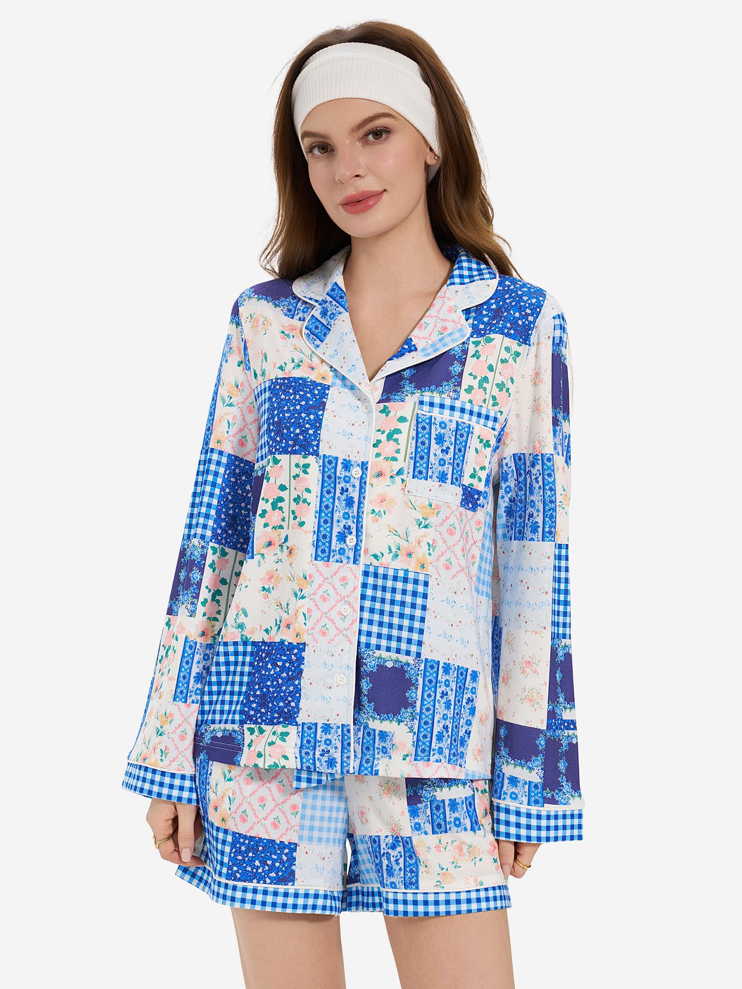 Imily Bela Hausanzug Damen Lounge-Set mit Patchwork-Print (Set, 2 tlg., Hemd + Shorts) mit Tunnelzug