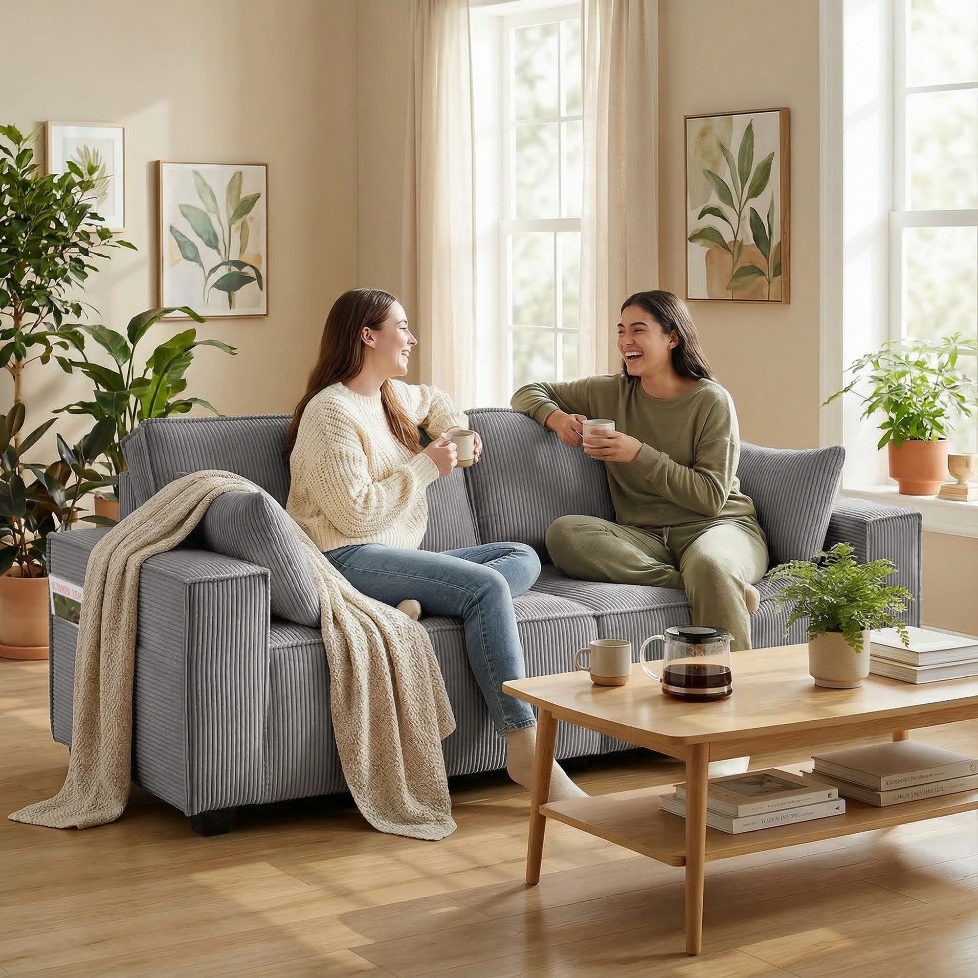 HOMCOM Sofa 2 Kissen Loungesofa, Bequemes Loungesofa 3 Teile, Cordstoff, Taschenfederkern, breite Armlehnen