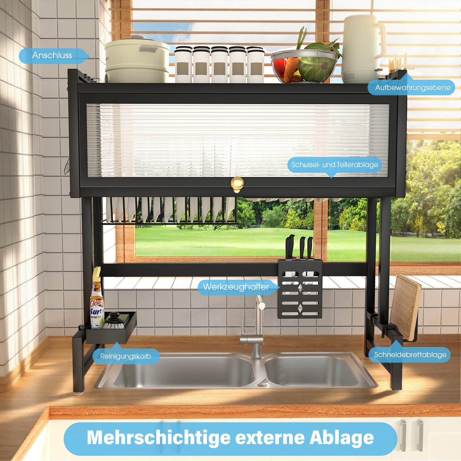 oyajia Geschirrständer Abtropfständer über der Spüle 85cm 3-stufiges Abtropfgestell Dish Rack, Küchen-Organizer mit Schranktür, Utensilienhalter, Hakenes, Stahl – Bild 4 von 5