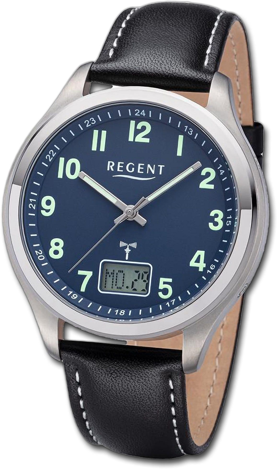 Regent Funkuhr Regent Herren Funkuhr Analog-Digital, Herrenuhr Lederarmband schwarz, weiß, rundes Gehäuse, groß (ca. 42mm)