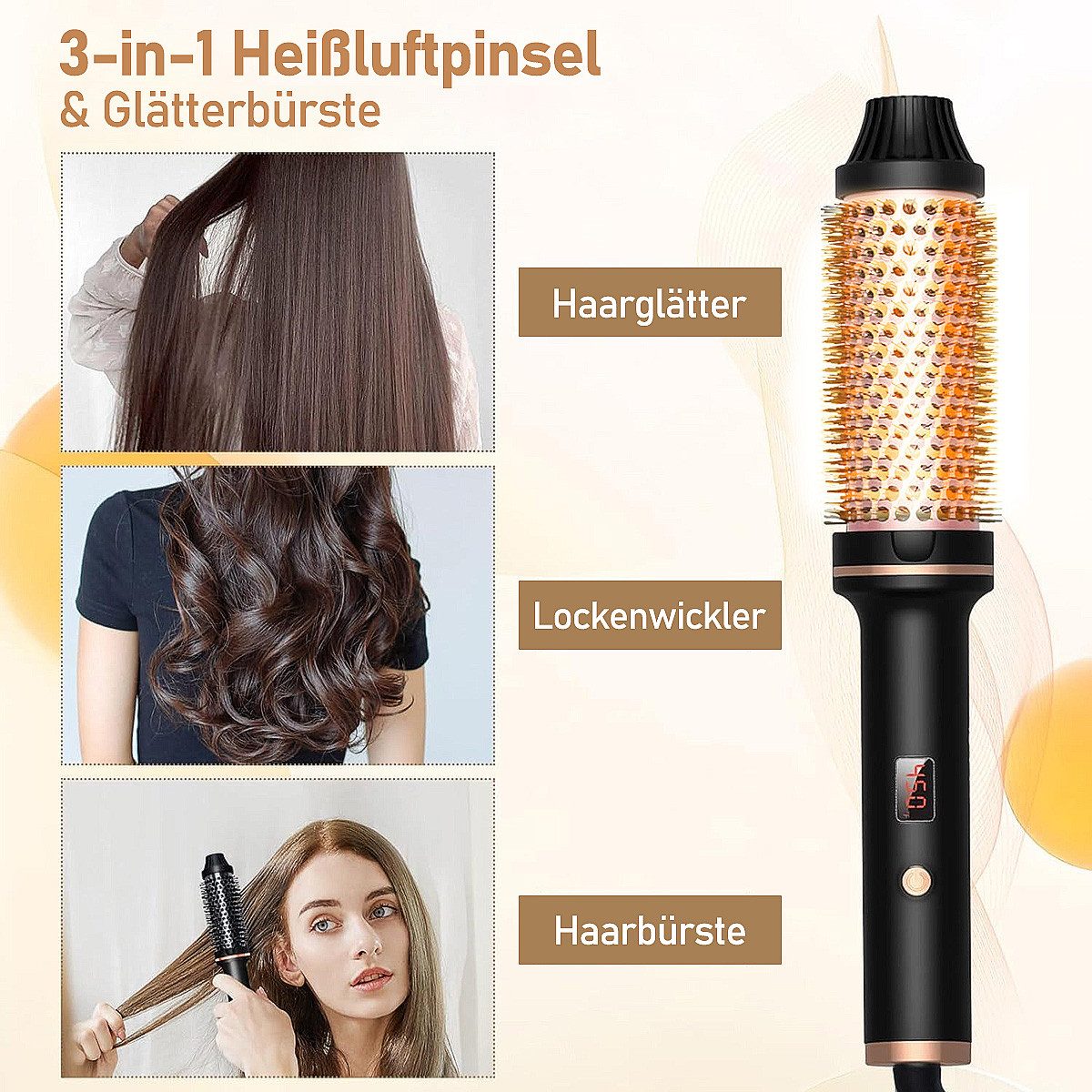 MOPUEA Lockenwickler 3 In 1 Lockenbürste Thermal Warmluftbürste Salon Ionen Haartrockner, 3-in-1 Stylingbürste mit Lockenstab, Glättbürste und Kammfunktion, 5 Temperaturen, ionische Keramik, 30s Aufheizen, 60min Auto-Off