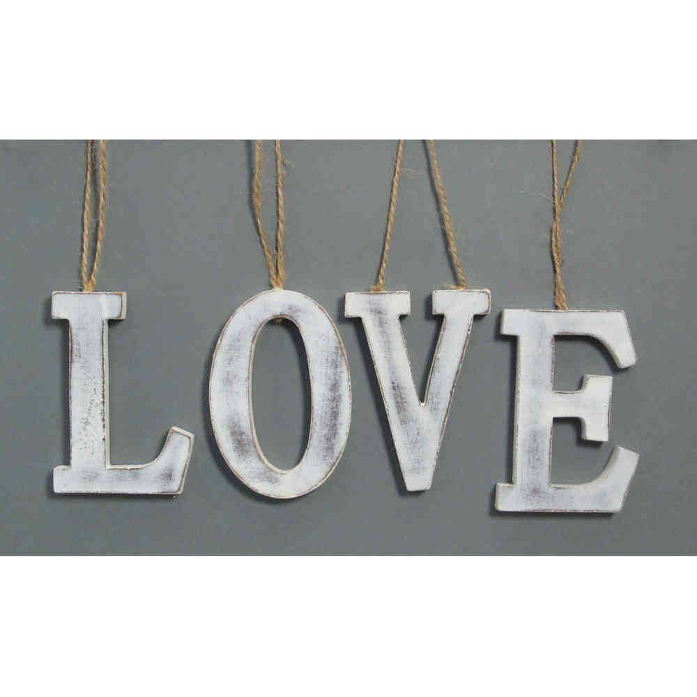 Gasper Hängedekoration HOLZ-HÄNGER "LOVE" 4er Set. Ca. 20x8x1cm. Dekohänger "Liebe" in WEISS