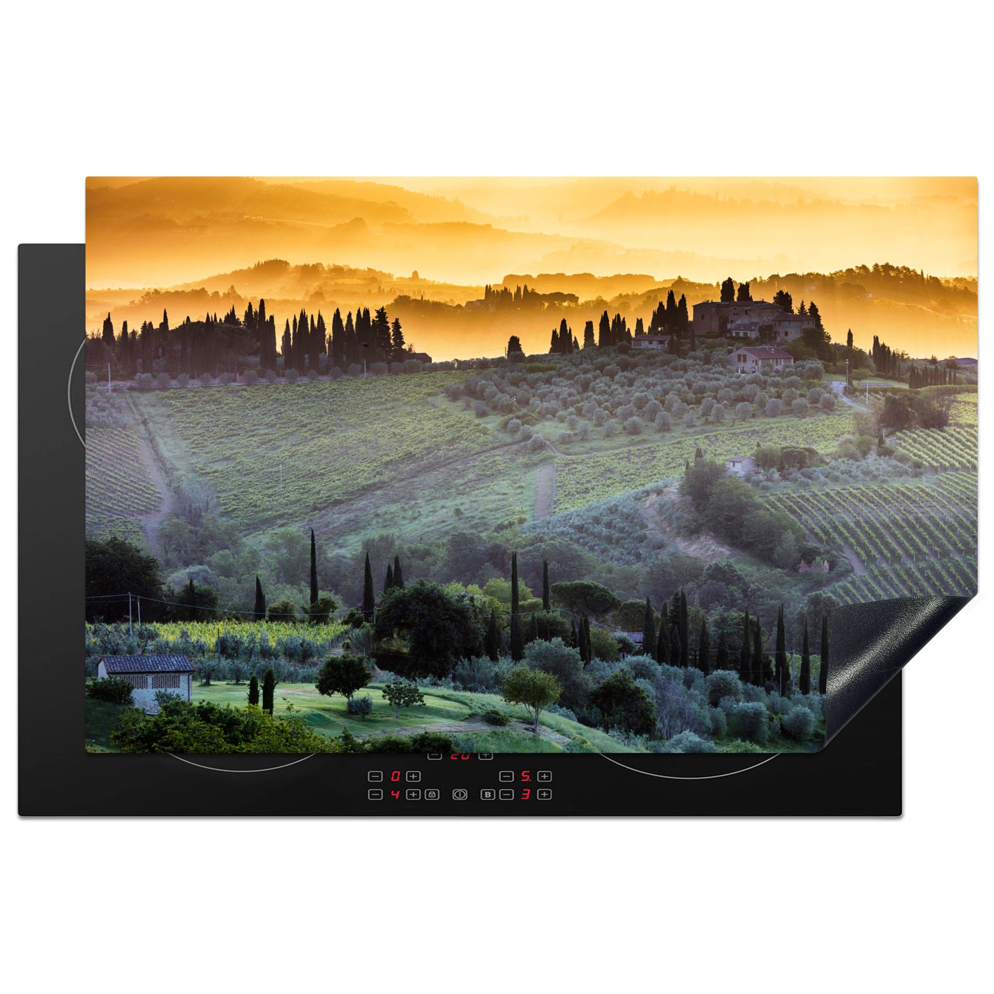 MuchoWow Herdblende-/Abdeckplatte Nebel über dem ummauerten San Gimignano in Italien bei Sonnenaufgang, Vinyl, (1 tlg), 81x52 cm, Induktionskochfeld Schutz für die küche, Ceranfeldabdeckung